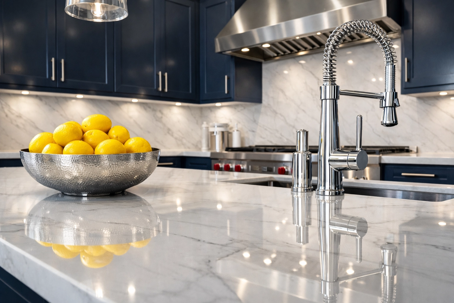 Spotless modern kitchen with marble counters following a deep residential cleaning in Andover.