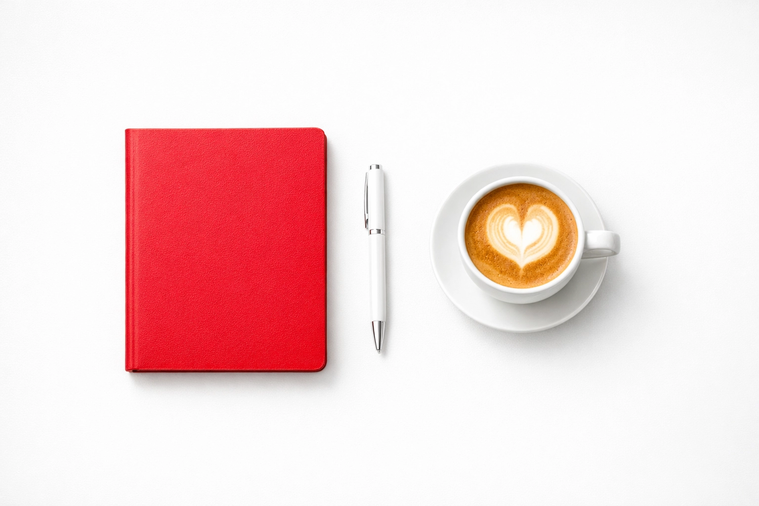 Red notebook and coffee on a white desk for planning a consistent real estate blogging and digital marketing strategy.