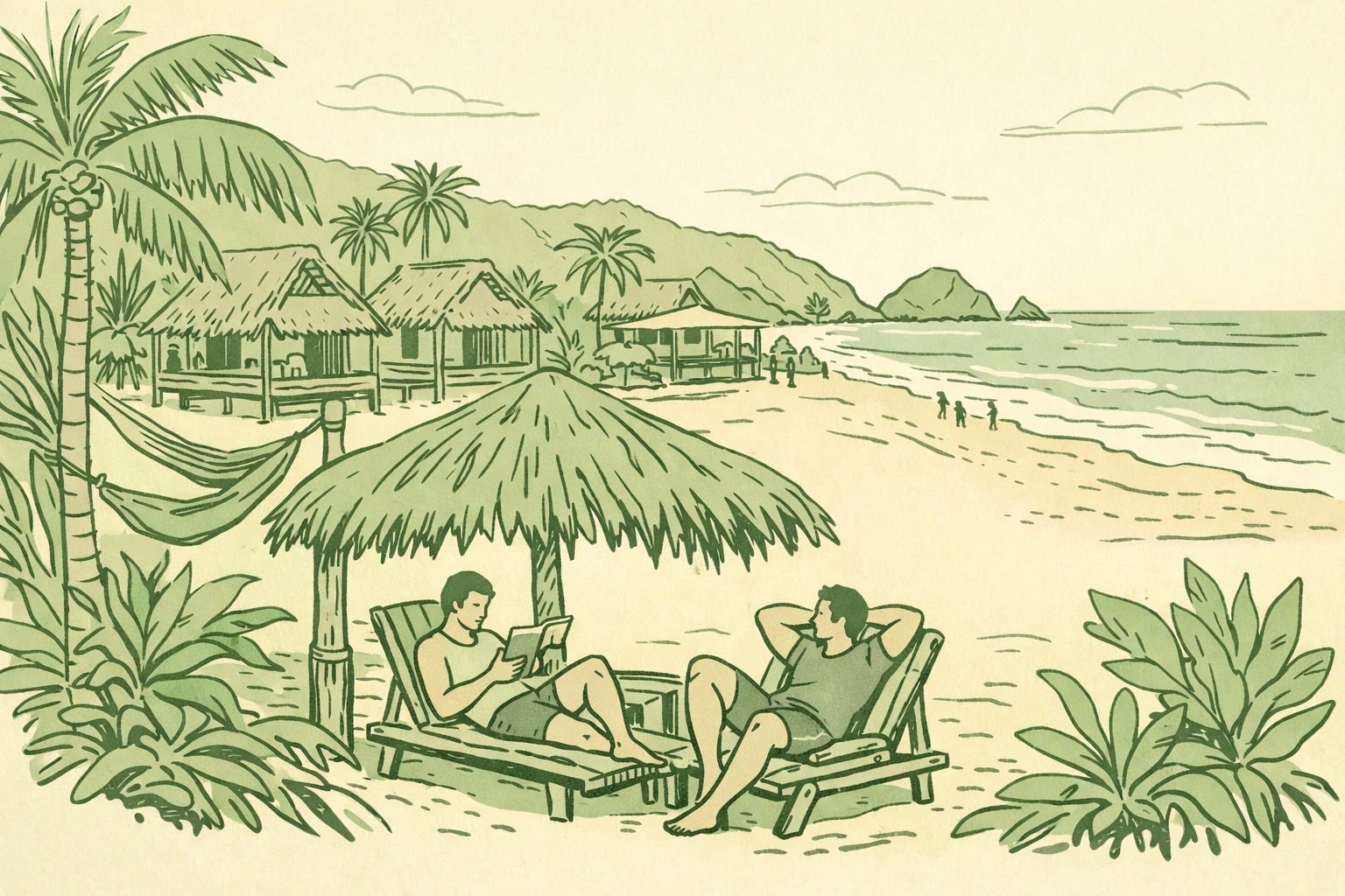 Gay-friendly naturist resort in Zipolite with beachfront cabanas and palm trees