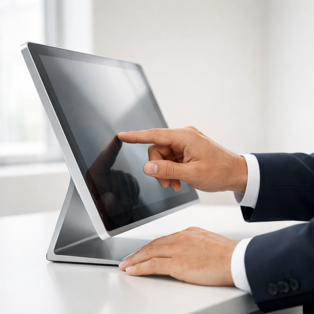 Tax professional using a touchscreen to manage automated workflows and professional tax firm operations.