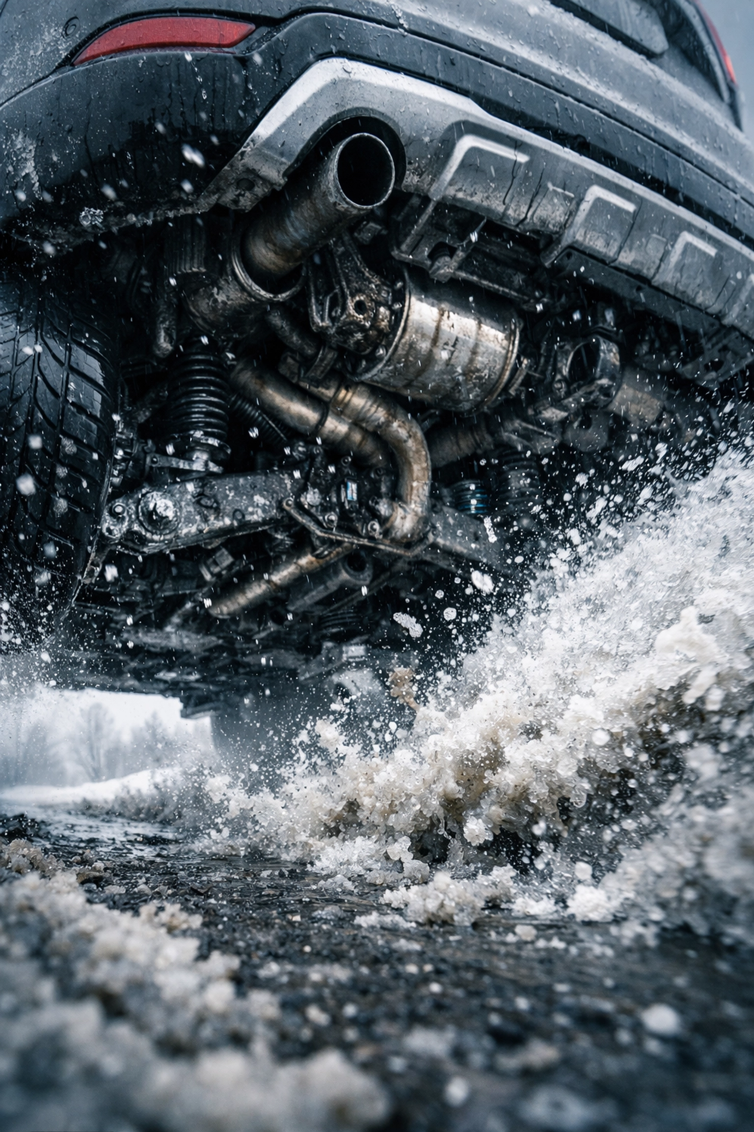 SUV driving through road salt and slush, showing how winter conditions cause hidden chassis rust before an MOT.