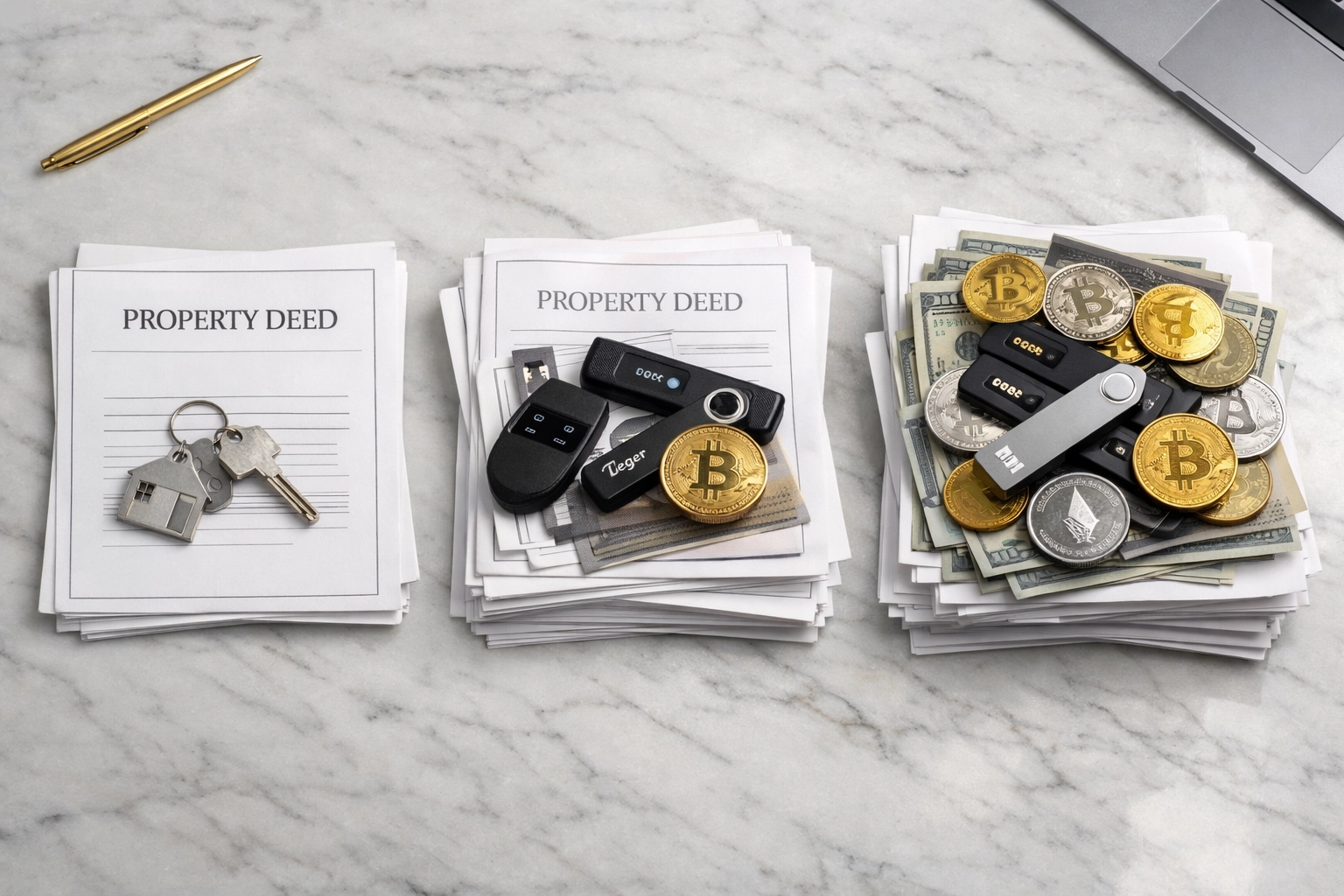 Three investment stacks showing conservative, balanced, and aggressive crypto-real estate allocations