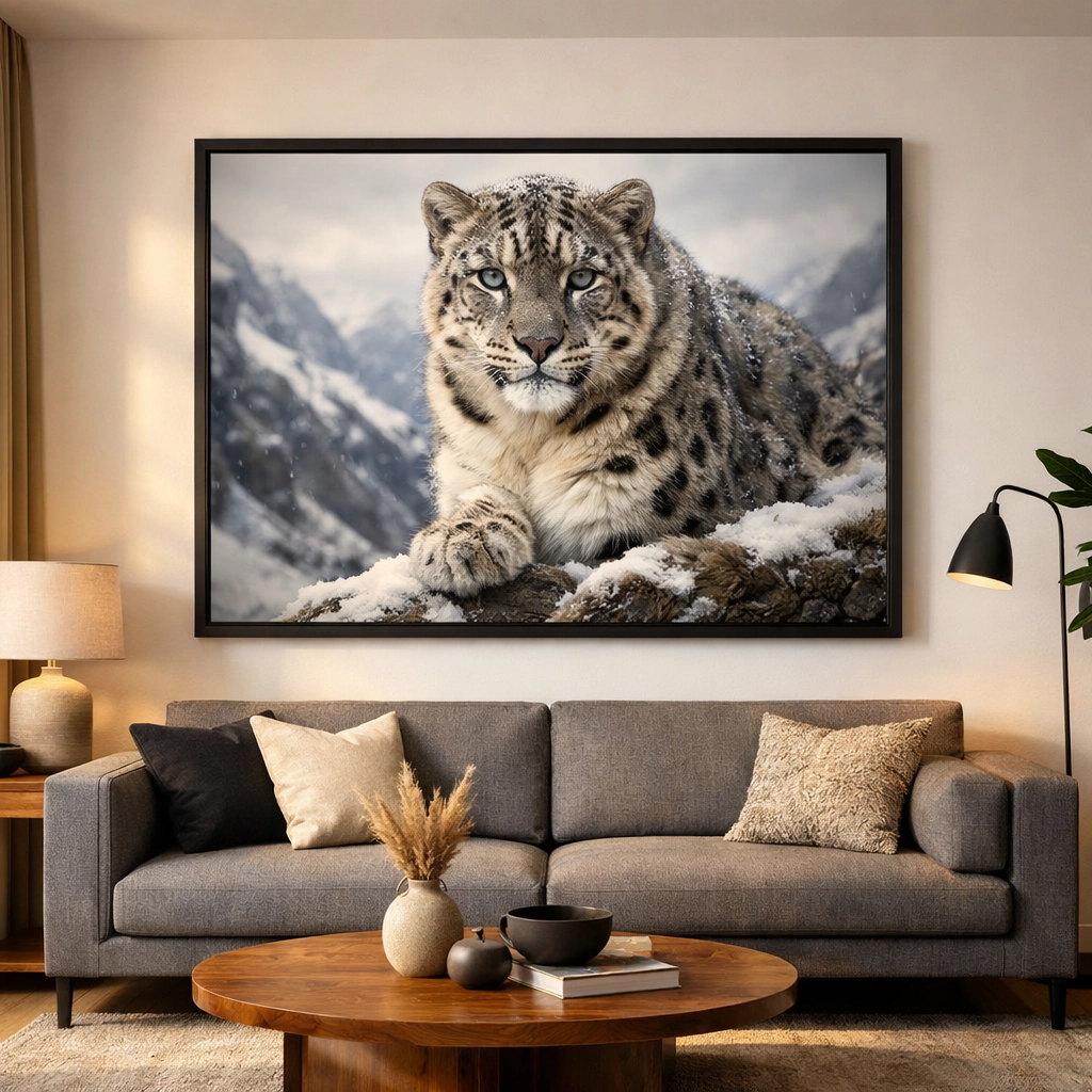 Framed snow leopard wildlife photograph displayed on living room wall as art print