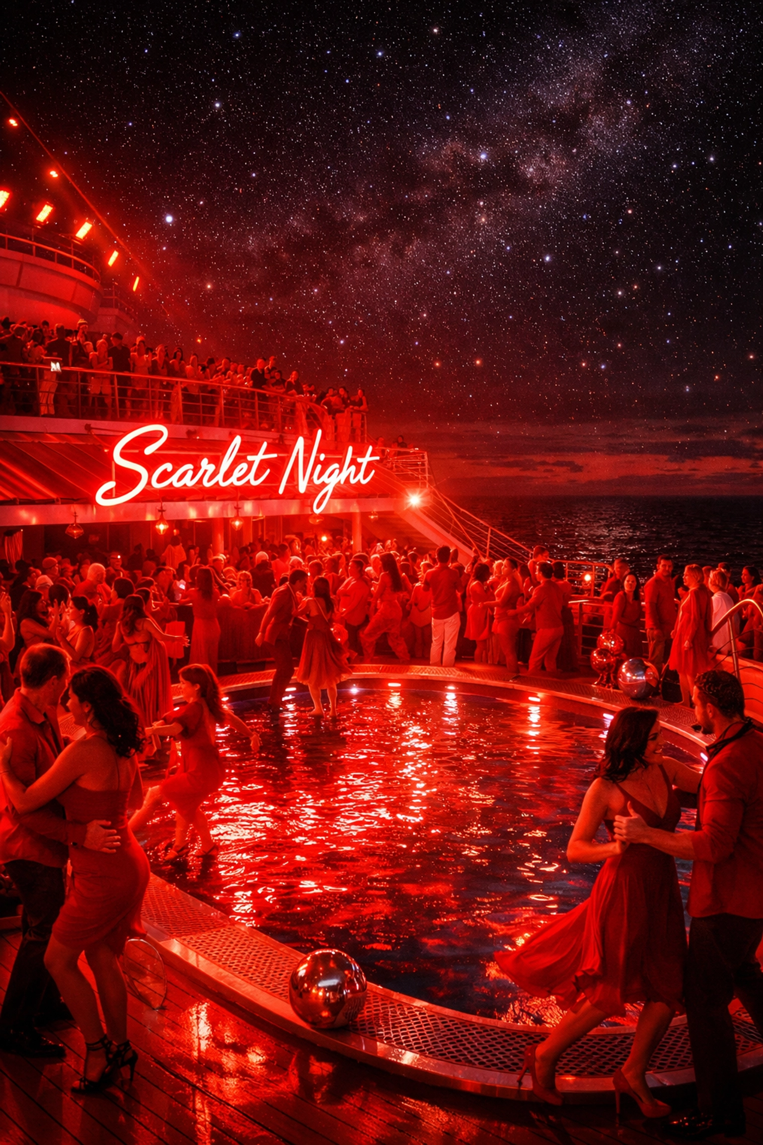 Travelers enjoying the Scarlet Night pool party on a Virgin Voyages ship with a group cruise deal.