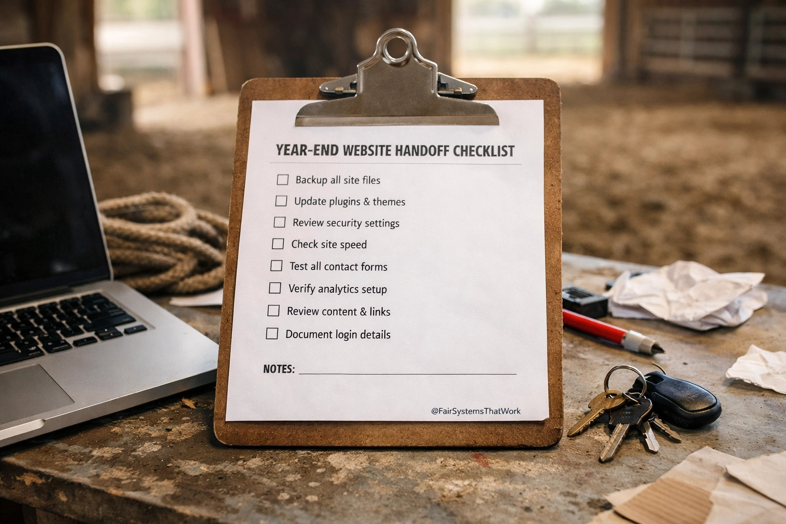 A printed year-end website handoff checklist on a clipboard beside a laptop and a set of keys in a messy fair office.