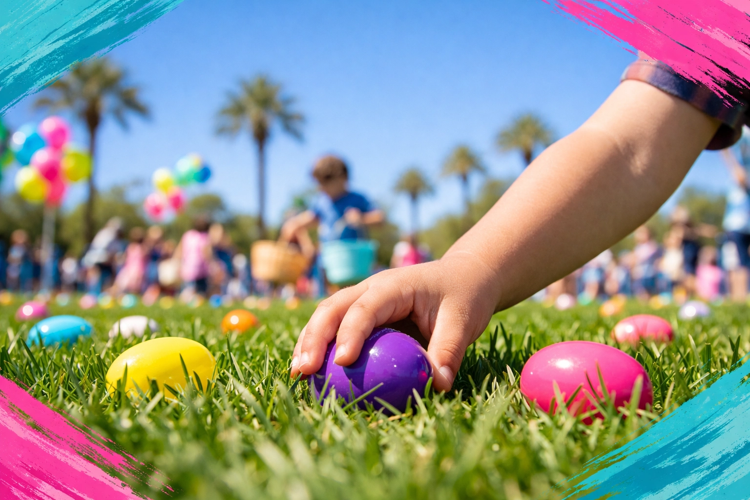 Excited child finding a purple egg at a Phoenix Easter egg hunt with palm trees and blue skies. Excited child finding a purple egg at a Phoenix Easter egg hunt with palm trees and blue skies.