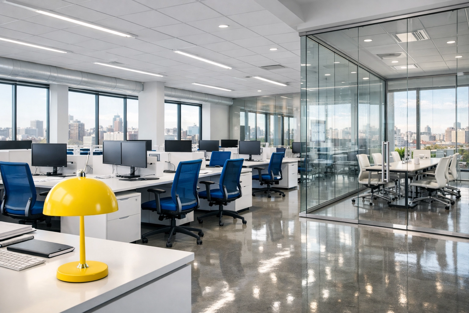 A pristine modern workspace in downtown Massachusetts after a professional office cleaning Worcester service.