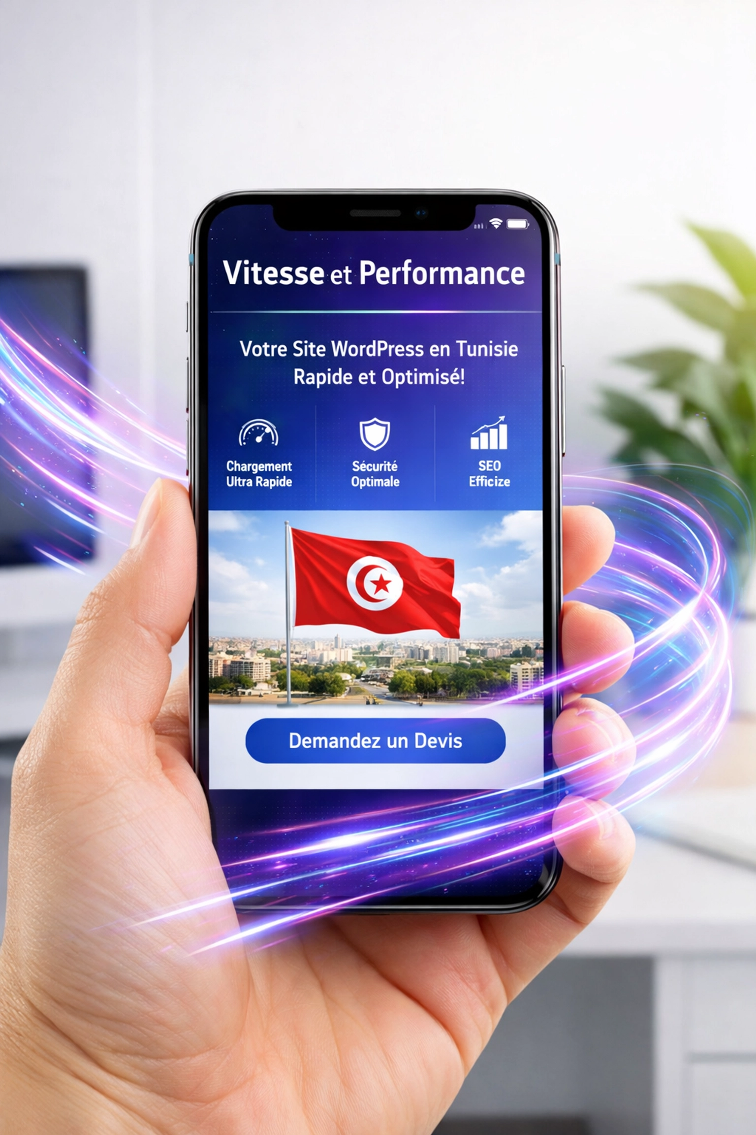 Interface mobile d'un site WordPress optimisé pour la vitesse et la performance en Tunisie.