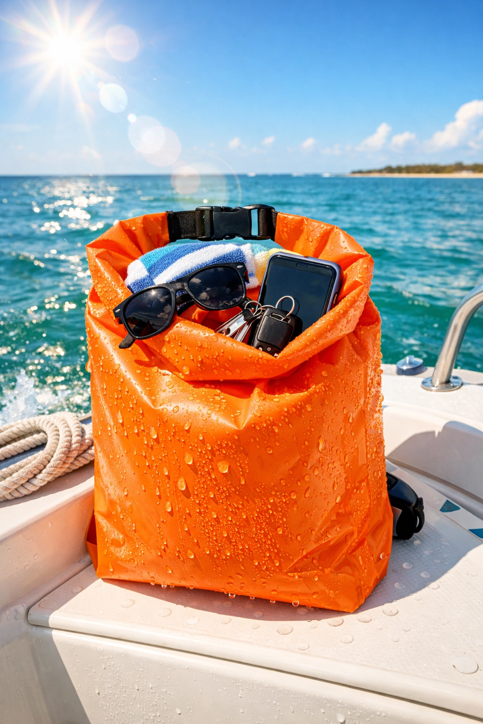 Waterproof dry bag with essentials on Florida boat tour deck
