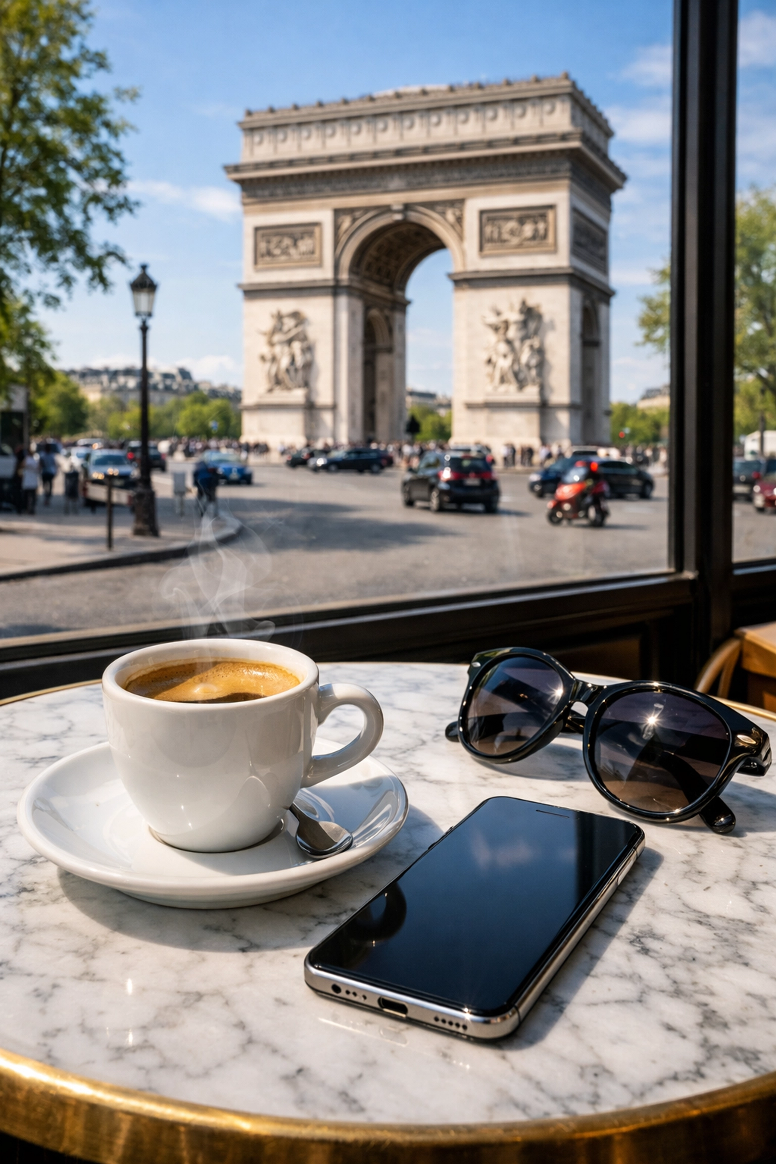Smartphone and espresso on a caf&eacute; table with a scenic view of the Arc de Triomphe.