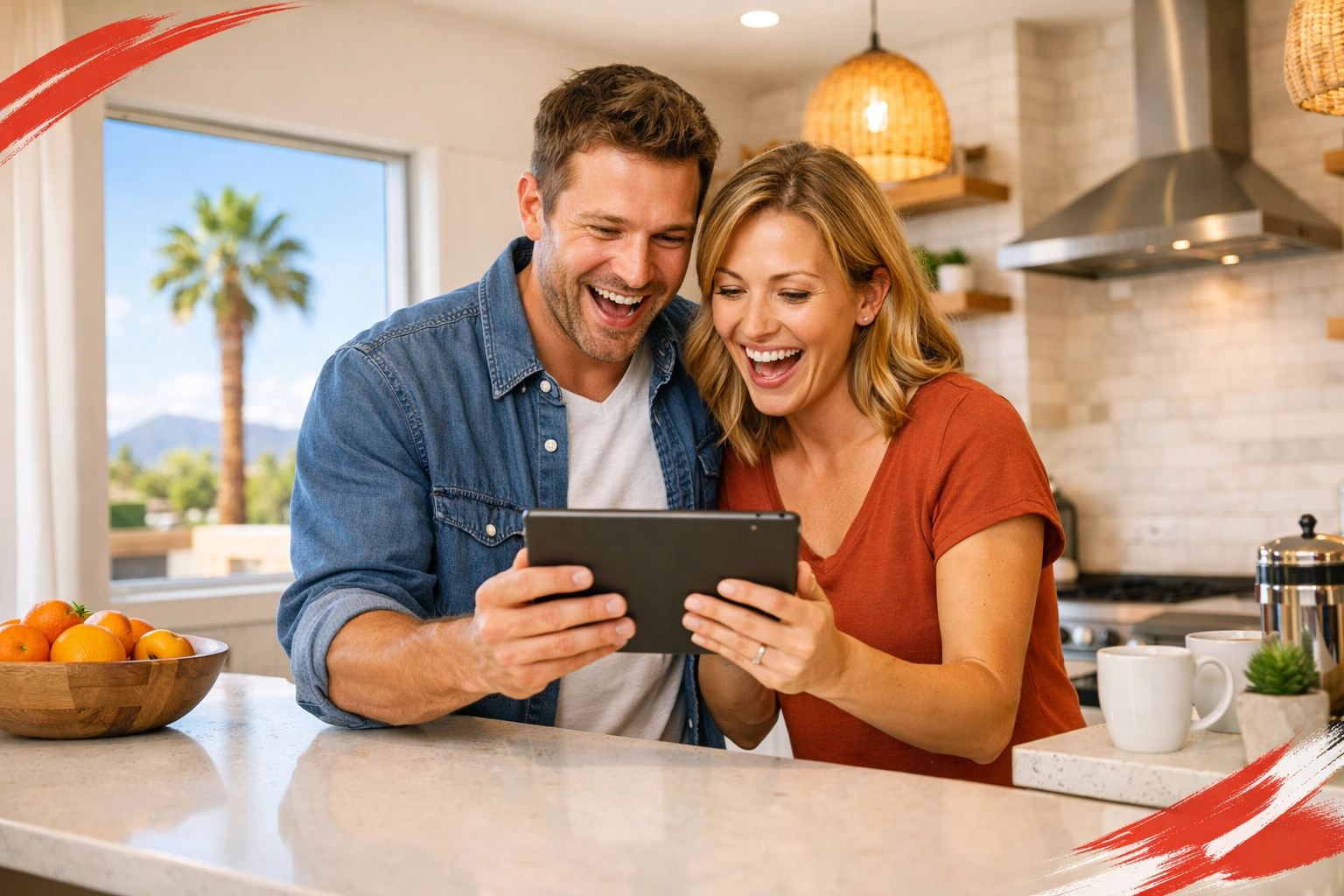 Arizona homeowners in Phoenix kitchen celebrating equity savings with a flat fee realtor. Arizona homeowners in Phoenix kitchen celebrating equity savings with a flat fee realtor.