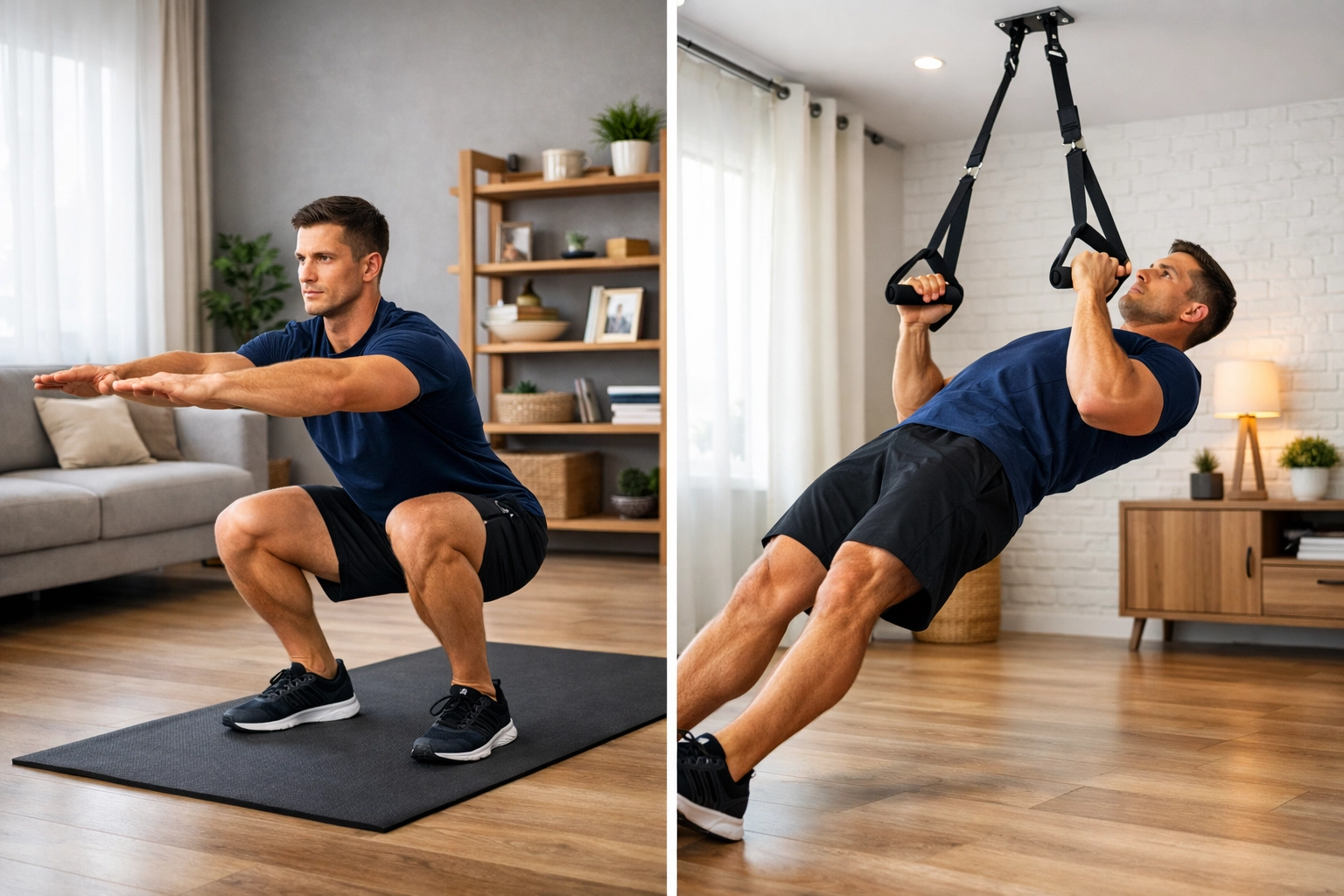 Full body workout at home showing proper squat form and ceiling-mounted resistance training