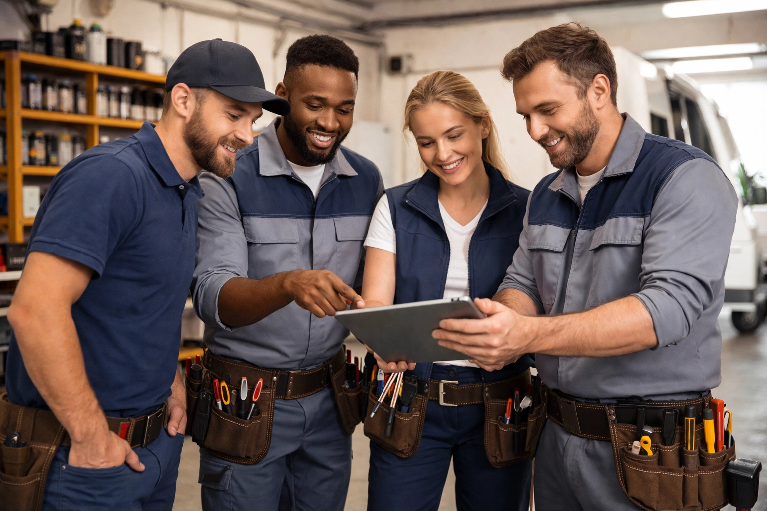 Electrician team collaborating on digital marketing systems using a tablet in workshop