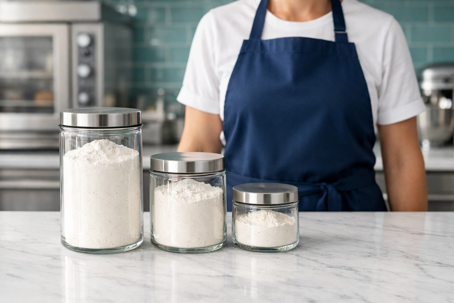 A modern bakery setting showing flour canisters representing tranches in a flexible business gas contract.