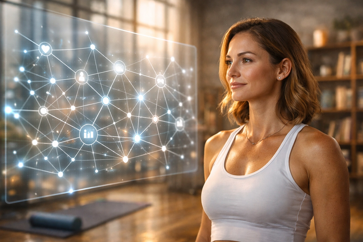 A health coach using a digital interface to manage a connected ecosystem of wellness tools.