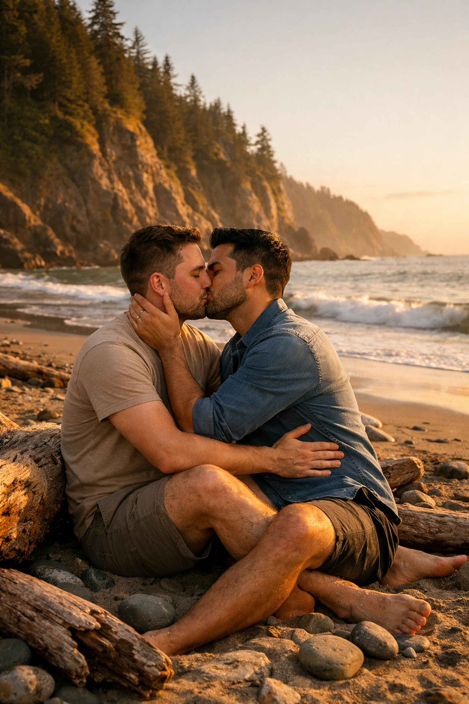 Romantic kiss between two men on secluded Wreck Beach with dramatic coastal cliffs