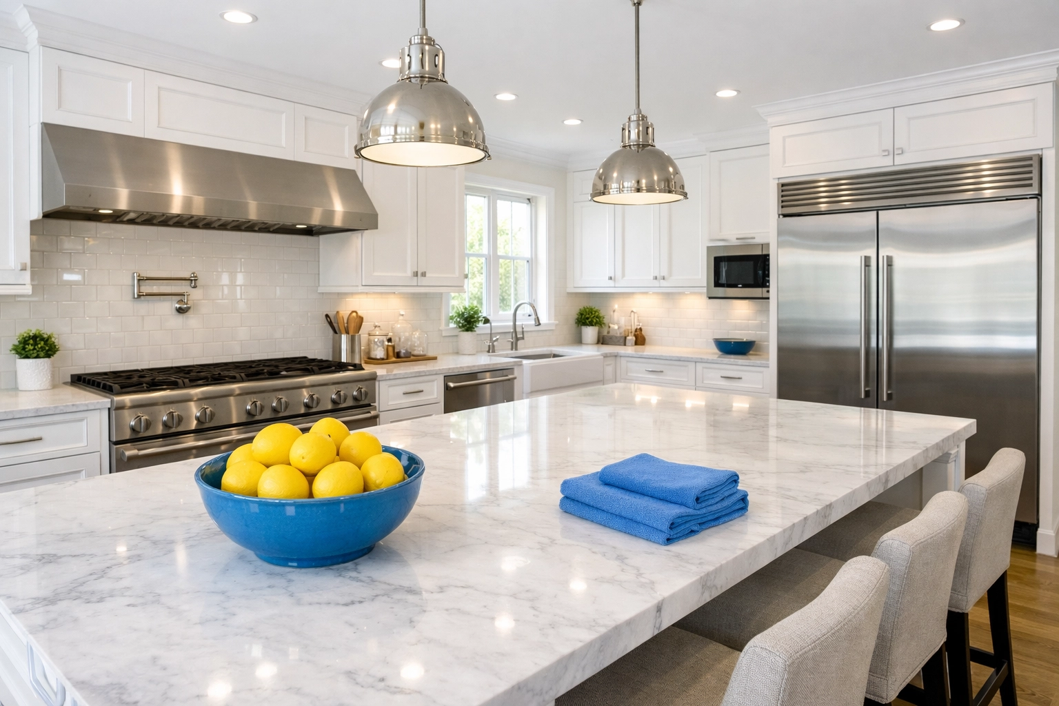 Luxury kitchen with clean marble countertops from a professional House Cleaning Ashby MA provider.
