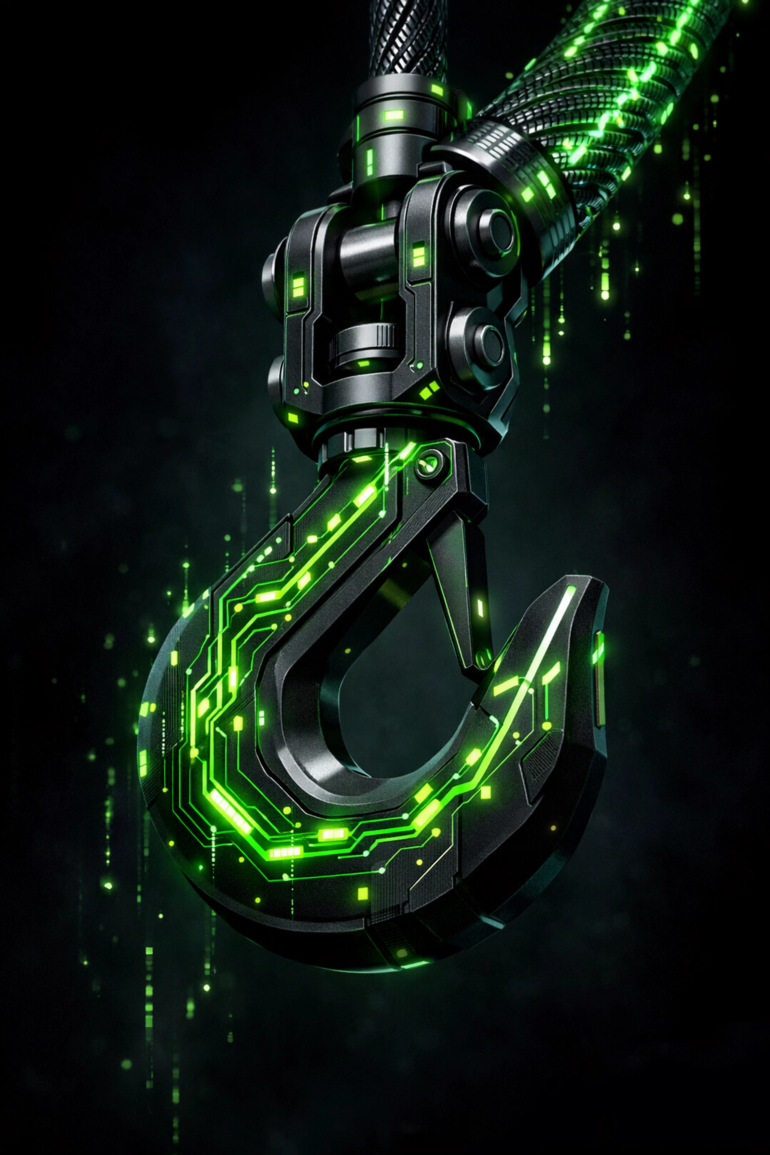 High-tech tow hook design representing the digital SEO infrastructure and search ranking for towing operators.