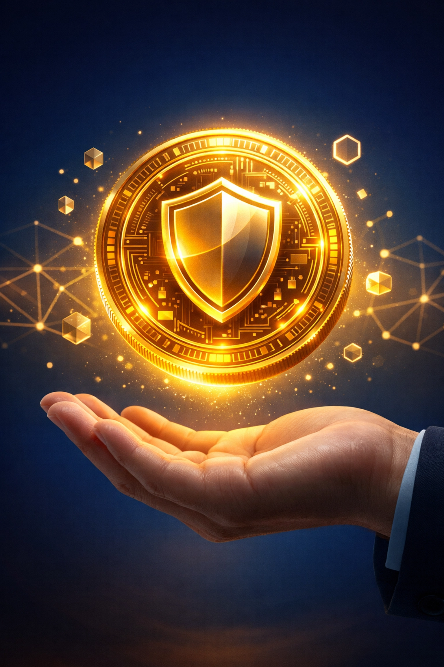 Stablecoin hovering above open hand representing secure Web3 payment stability for merchants