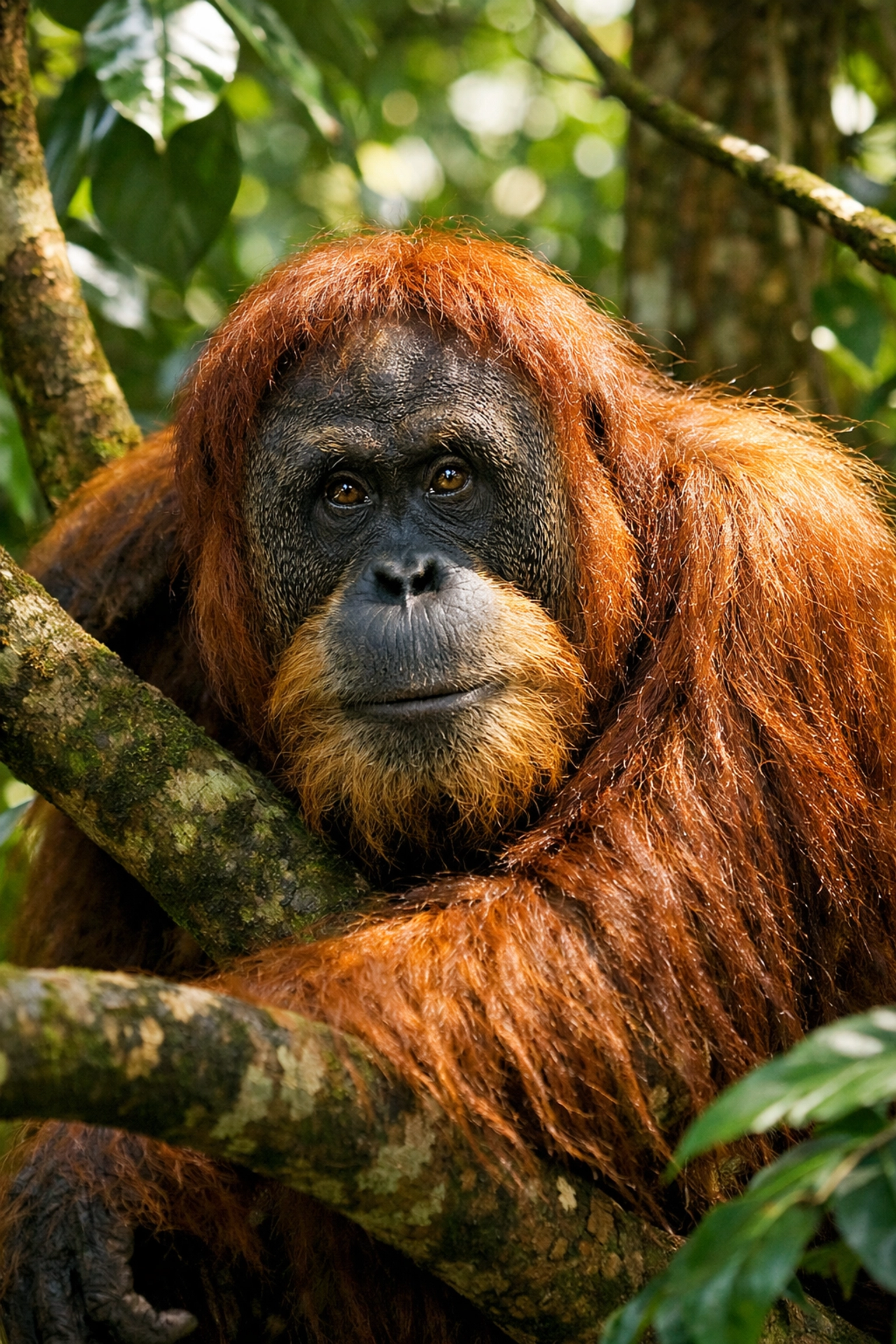 Close-up portrait of a Sumatran orangutan in a lush rainforest environment for conservation awareness.