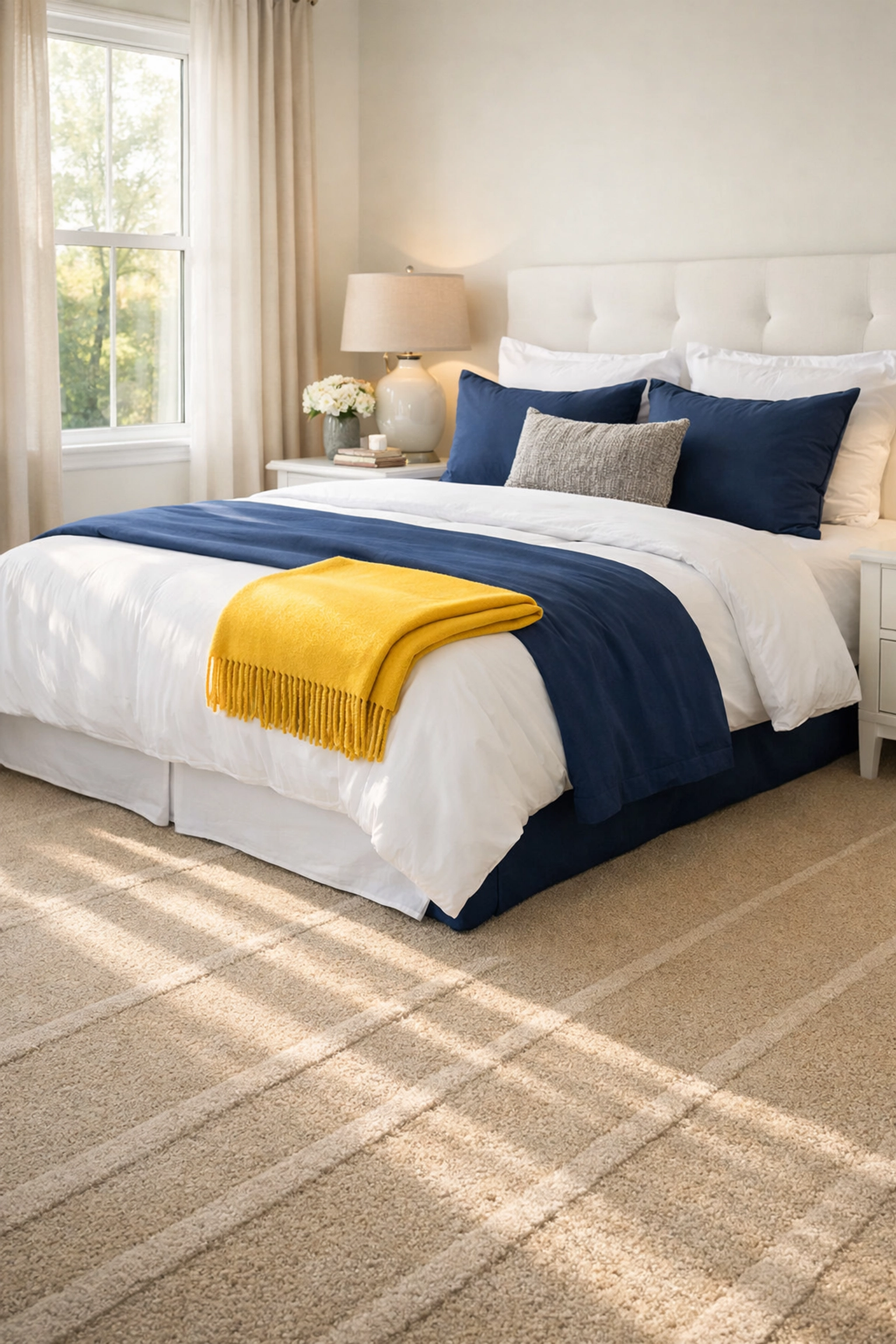 Pristine bedroom with fresh vacuum lines from a reliable house cleaning service in Burlington.