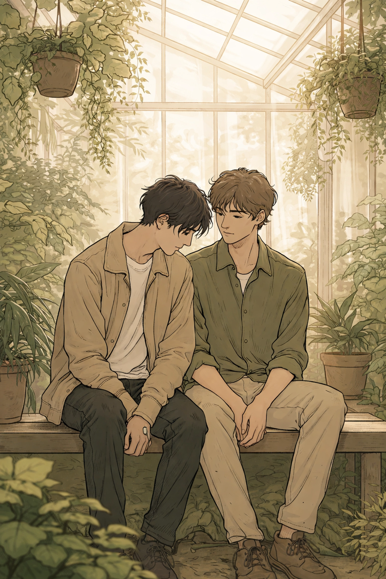 Intimate moment between two men in a greenhouse, capturing the slow-burn vulnerability of MM romance