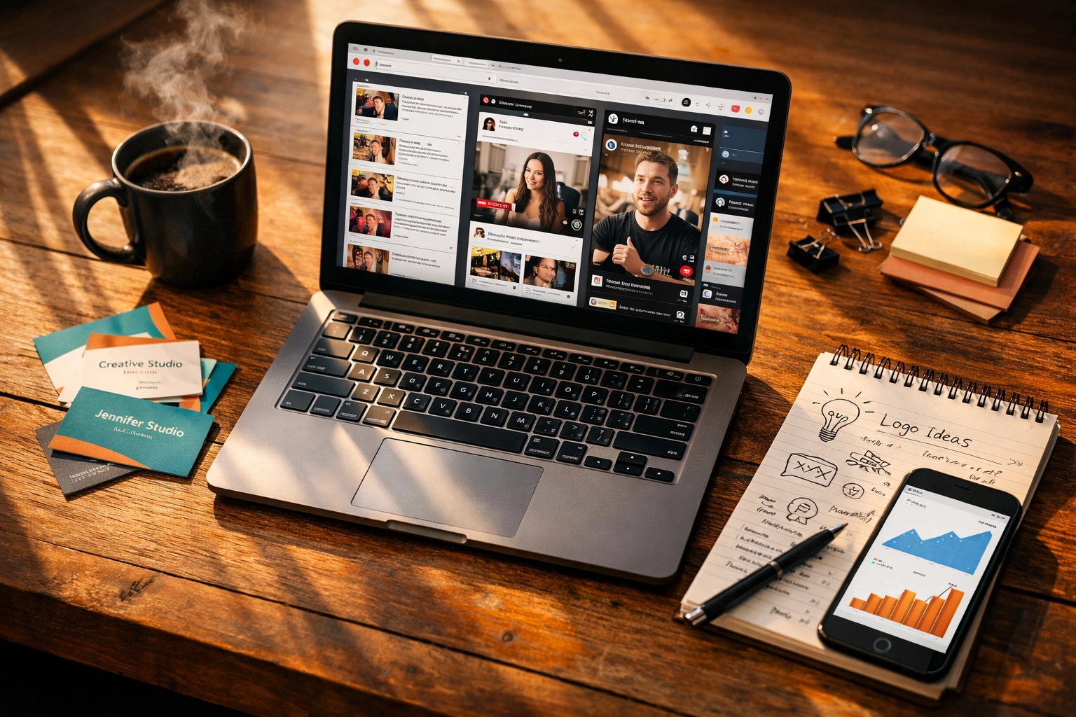 Small business workspace with laptop showing video analytics and social media marketing platforms