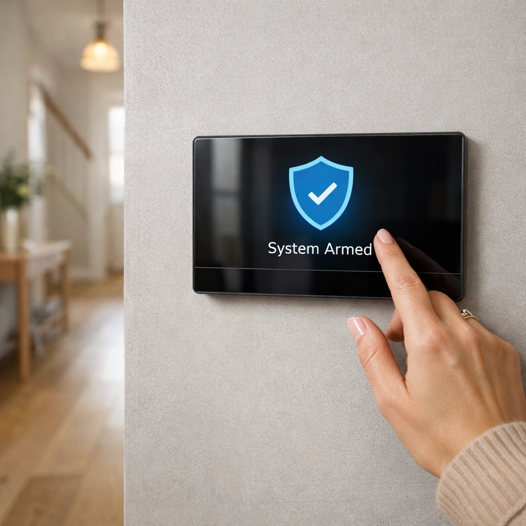 A homeowner using a modern touchscreen security keypad to arm a home alarm system in Worcester.