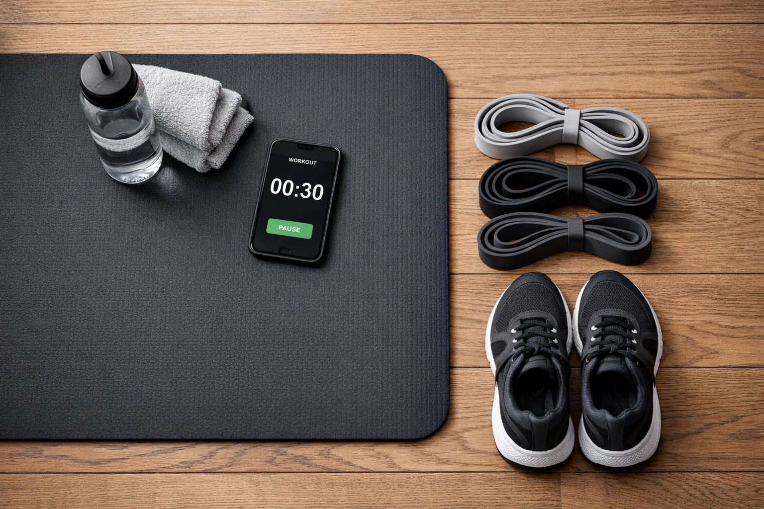 Minimalist home gym setup with yoga mat and bodyweight training equipment