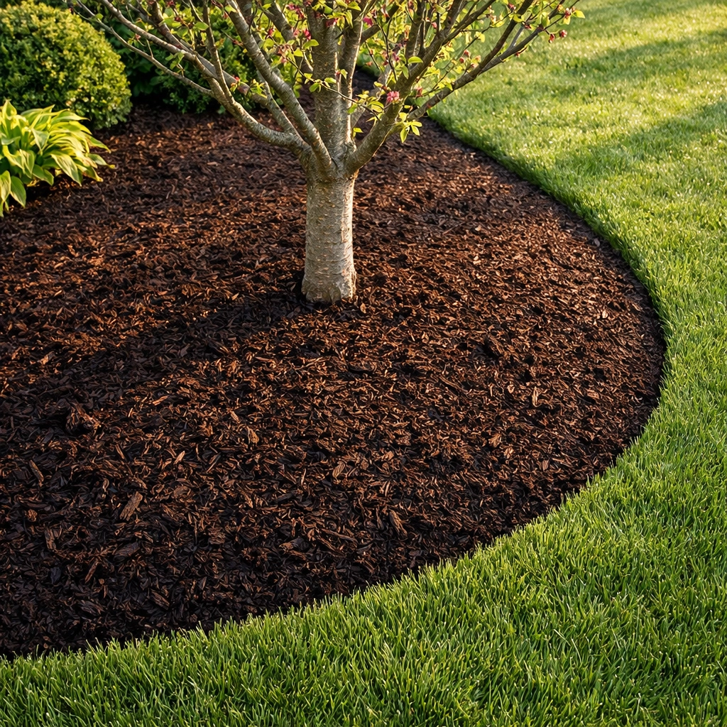 Professional mulch installation in Clarkston MI showing fresh dark mulch around an ornamental tree and lawn.