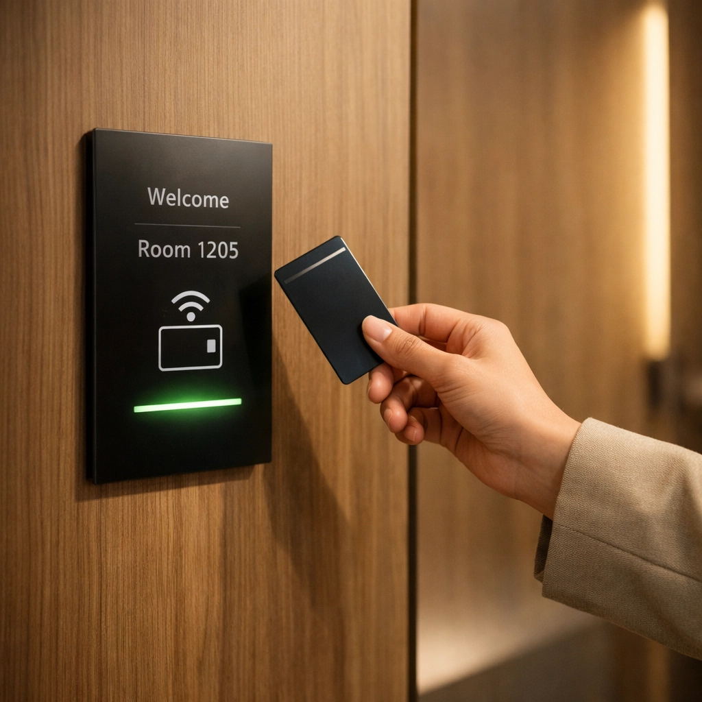 A guest using a contactless key card at an automated hotel self-check-in kiosk.
