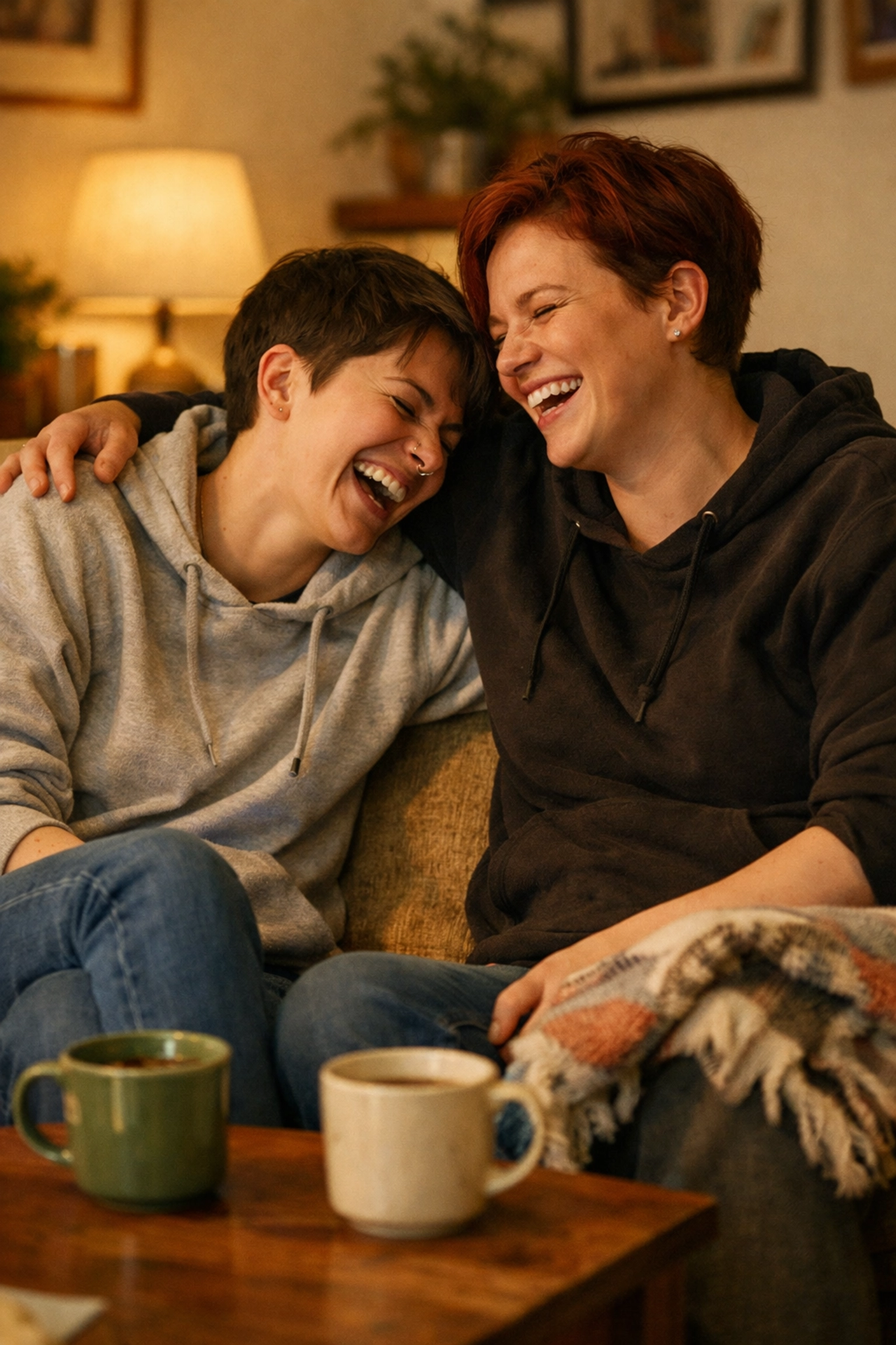 Two LGBTQ+ friends sharing laughter on couch representing drag community chosen family