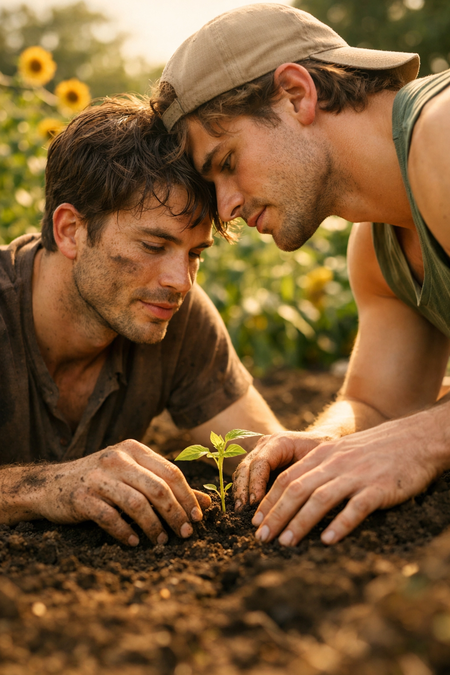 Two gay men sharing an intimate moment gardening, reflecting a slow-burn MM romance novel trope.