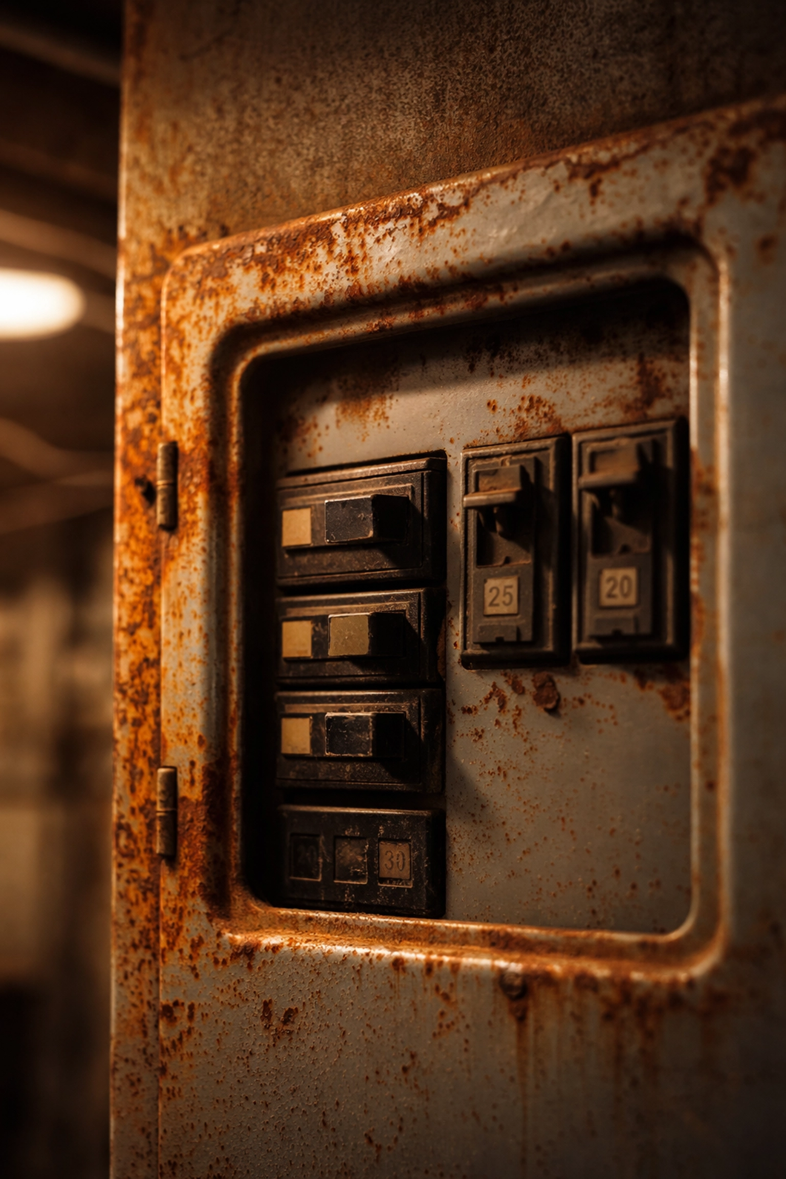 Close-up of an old electrical panel with rust and corrosion, indicating fire hazards in Howell homes