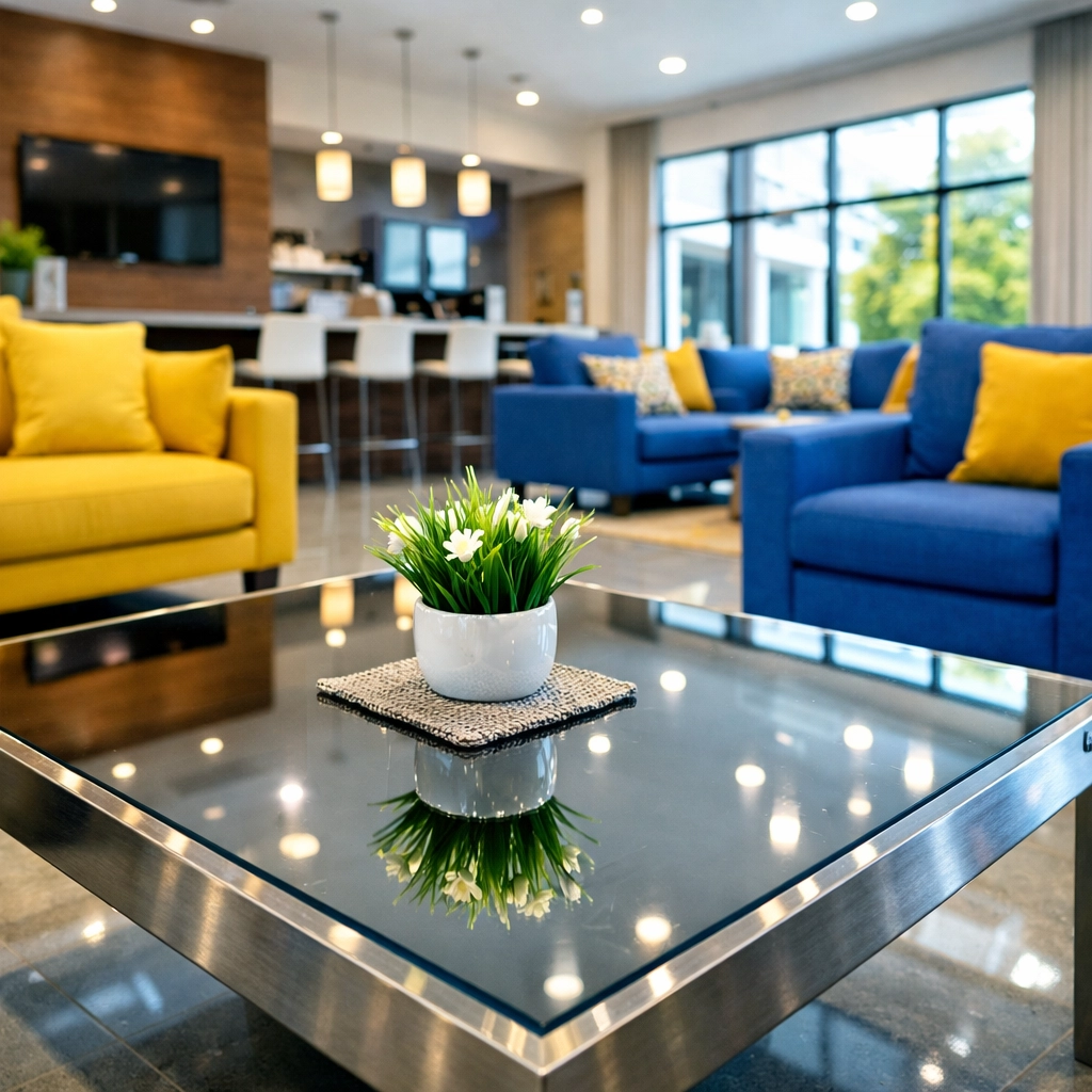 A bright and clean community center lounge featuring polished floors and sanitized furniture.