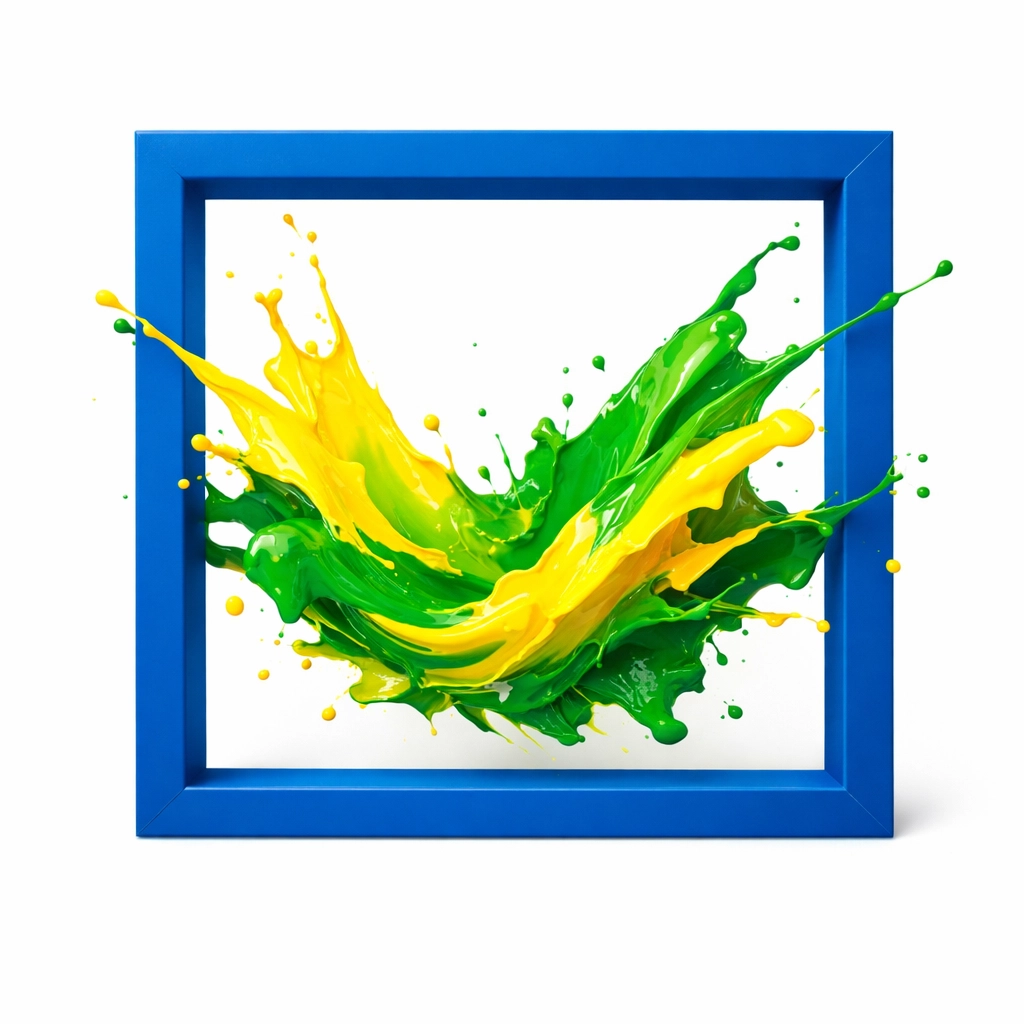 Blue geometric frame protecting a splash of paint showing structure in creativity.