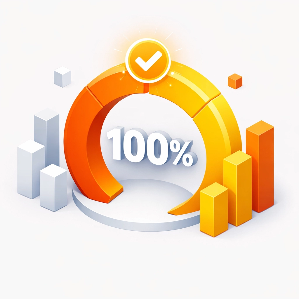 Circular progress gauge with data bars illustrating production tracking and target completion rates.