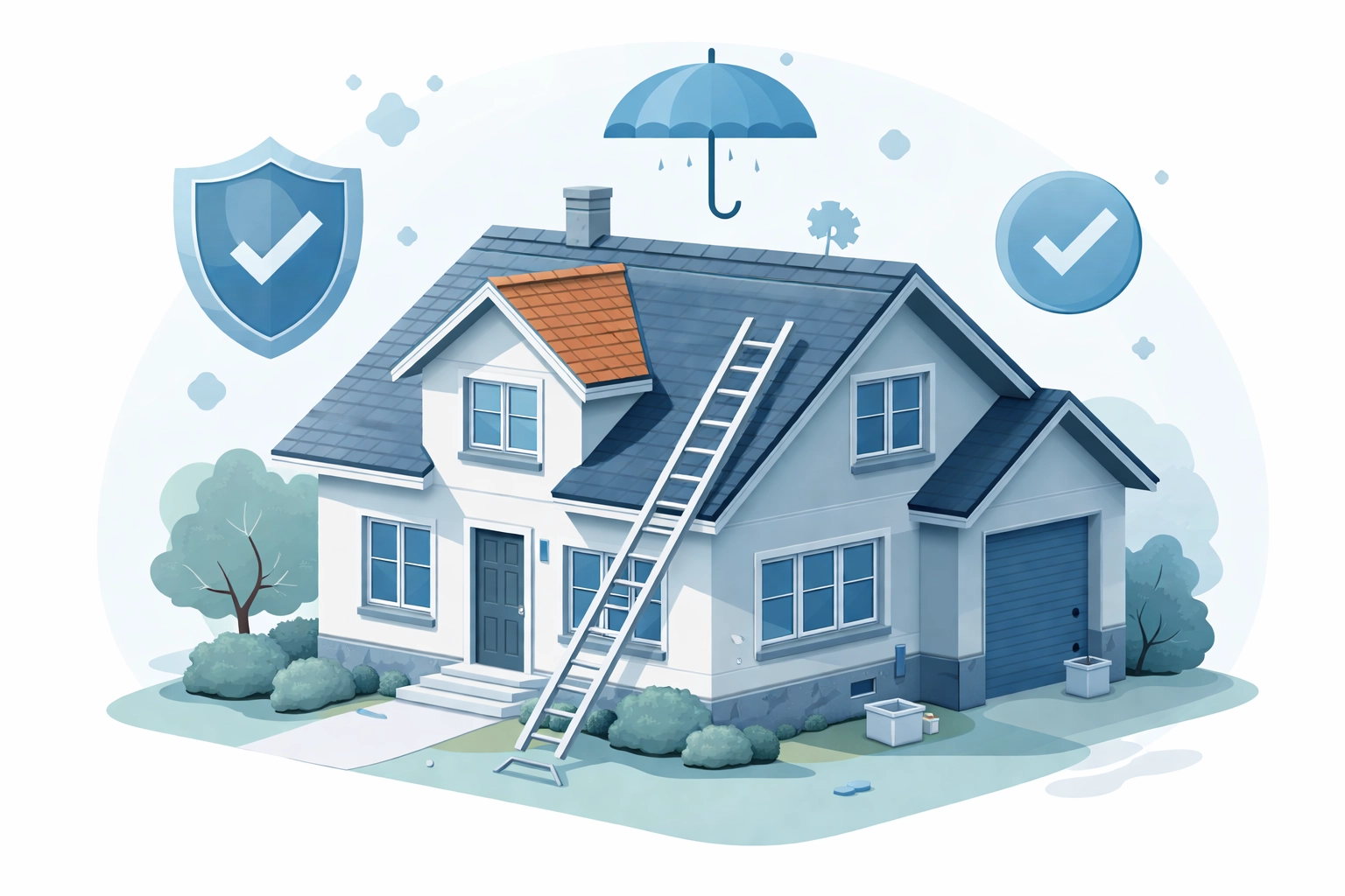 Residential property with visible renovations and insurance protection icons, emphasizing fix and flip insurance