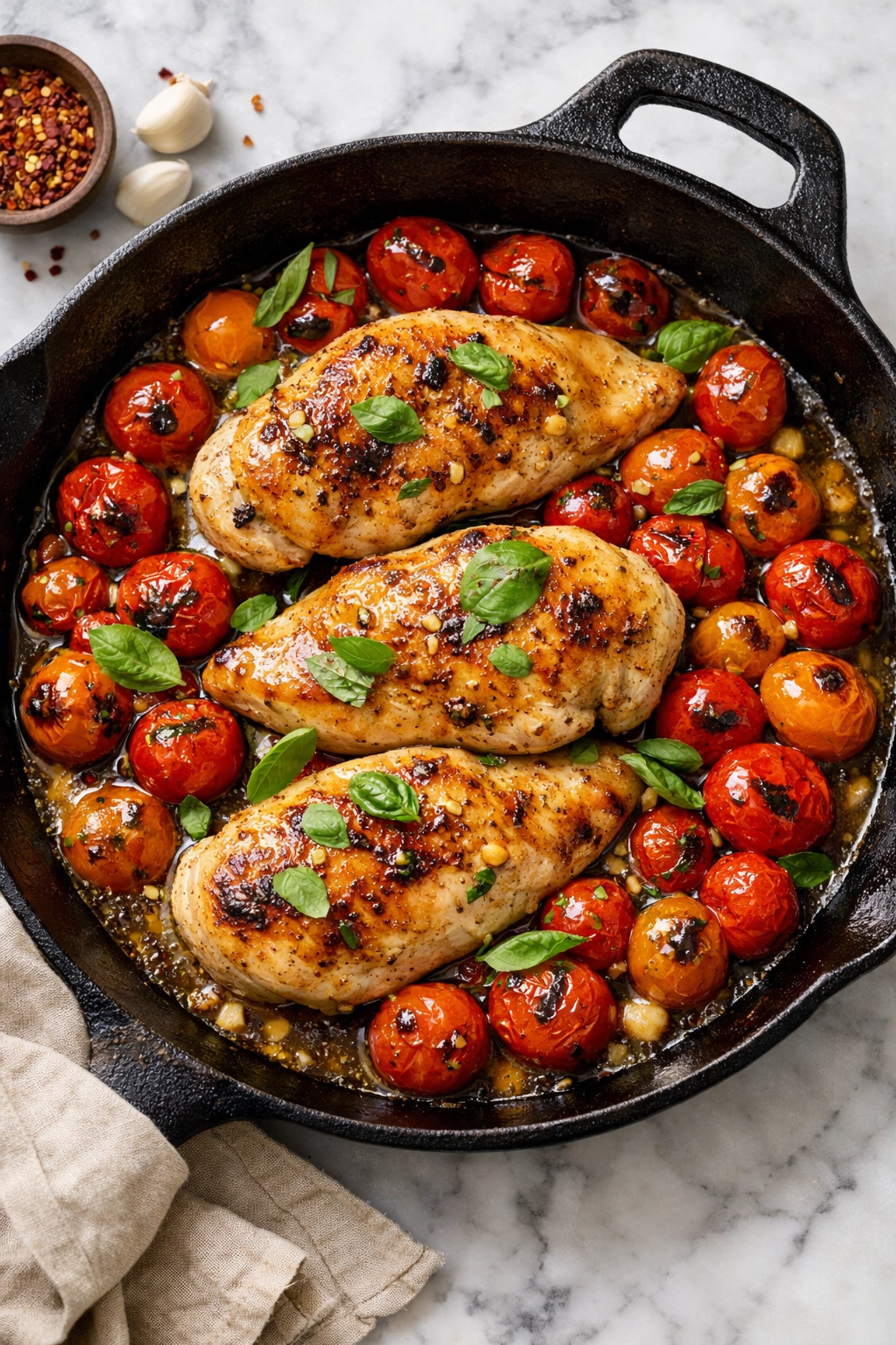 Garlic butter chicken with burst cherry tomatoes and basil - easy 5-ingredient weeknight dinner