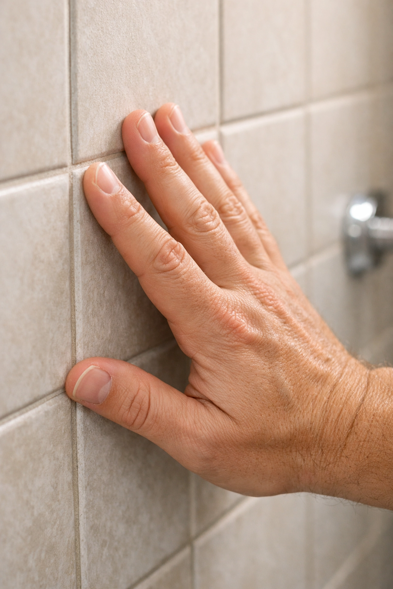 Hand checking bathroom wall stability before installing no-drill grab bar