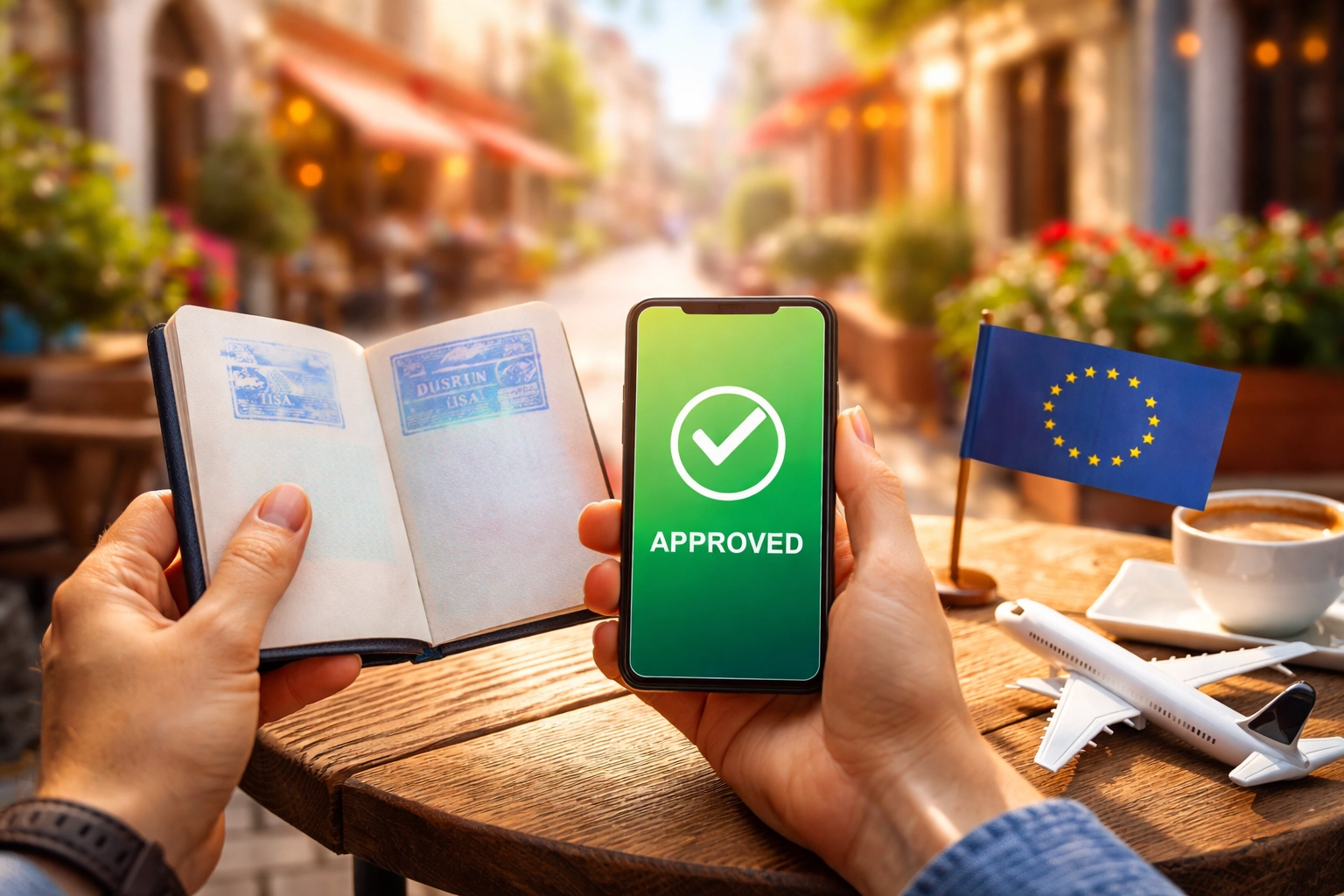 Traveler holding passport and smartphone approval for ETIAS, set at a colorful European street café, highlighting easy travel authorization