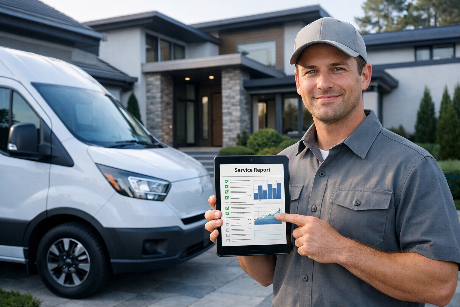 Professional service technician using a digital tablet at a modern North Carolina residence with a service van.