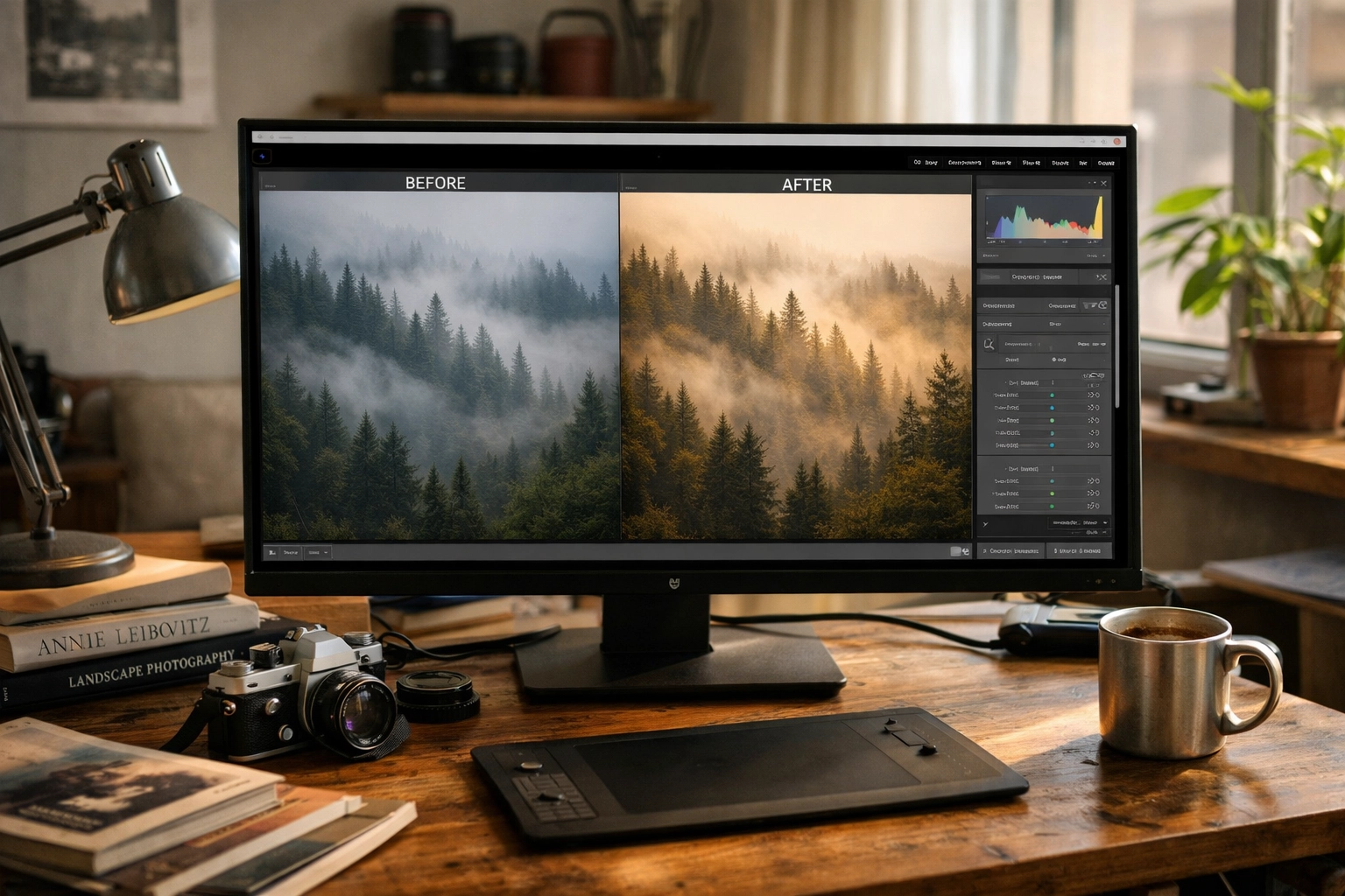 Editing fine art photography using Lightroom presets on a high-resolution monitor in a professional studio.