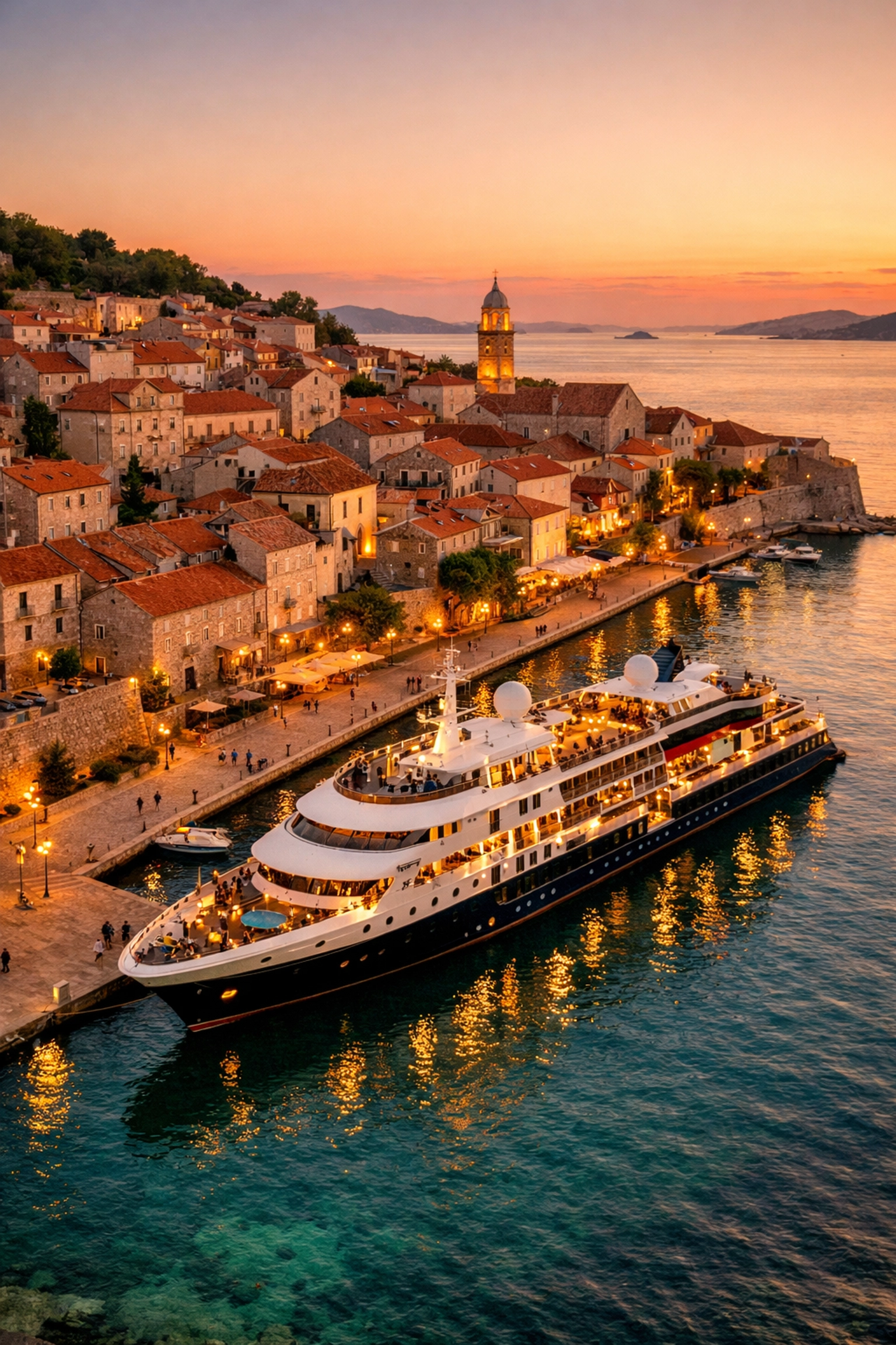 Luxury small cruise ship docked overnight in Mediterranean port at sunset with minimal crowds