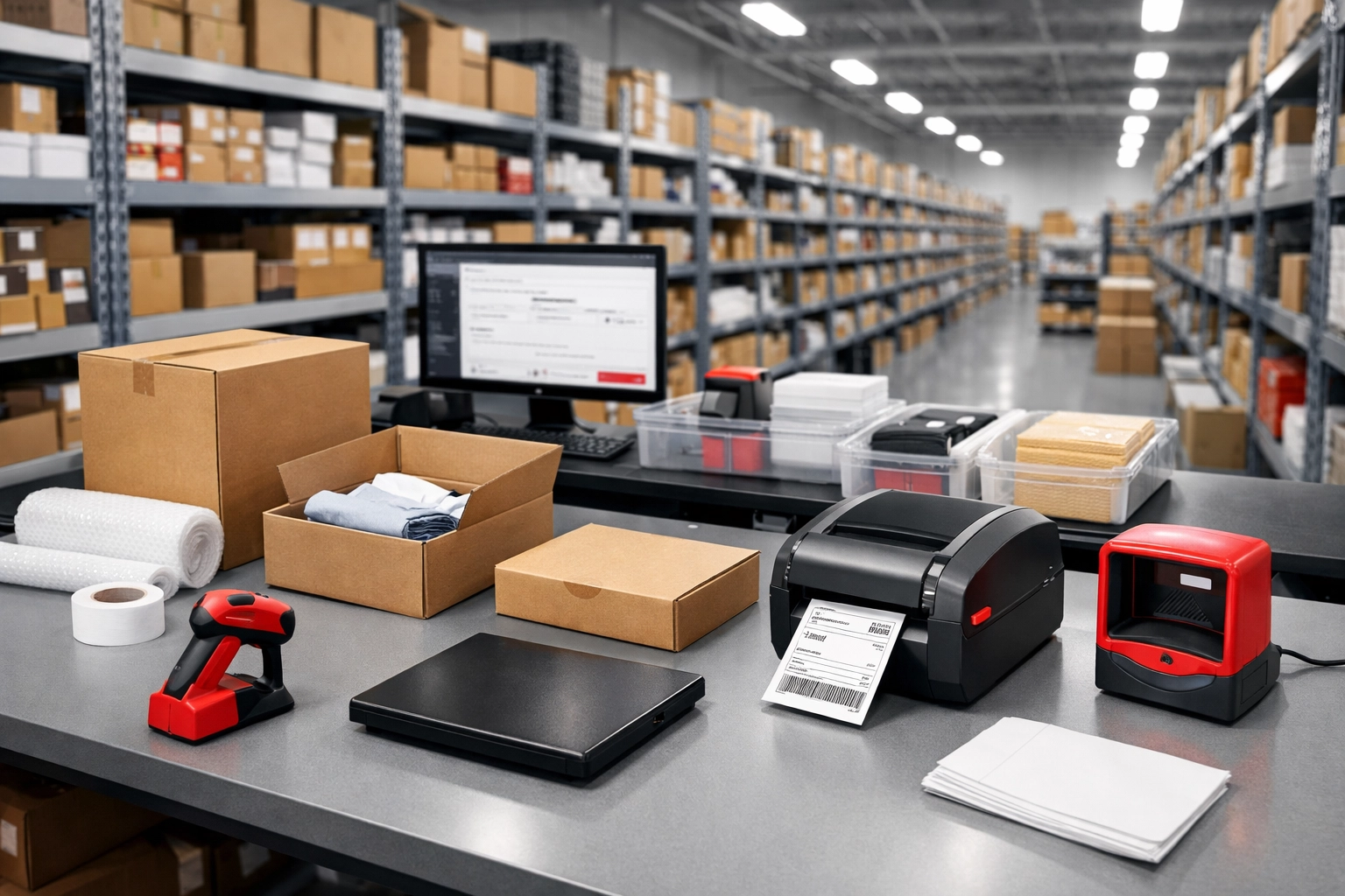 E-commerce fulfilment station with packing materials and organized inventory shelving