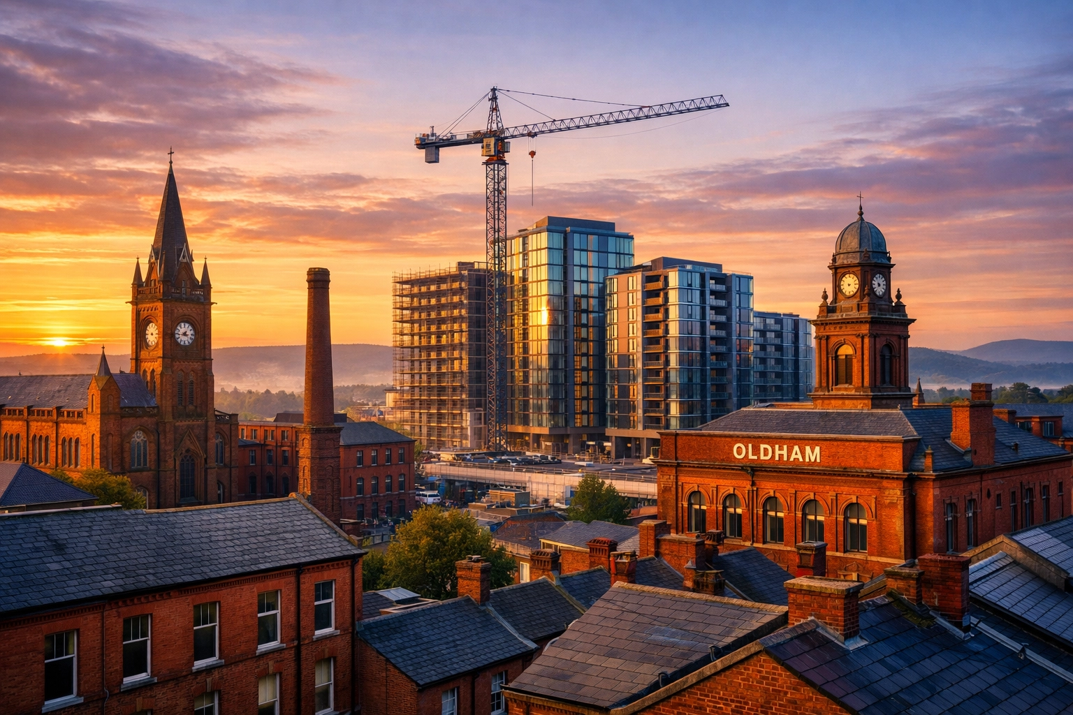 Comparison of traditional and modern residential buildings in Oldham highlighting UK property investment potential.