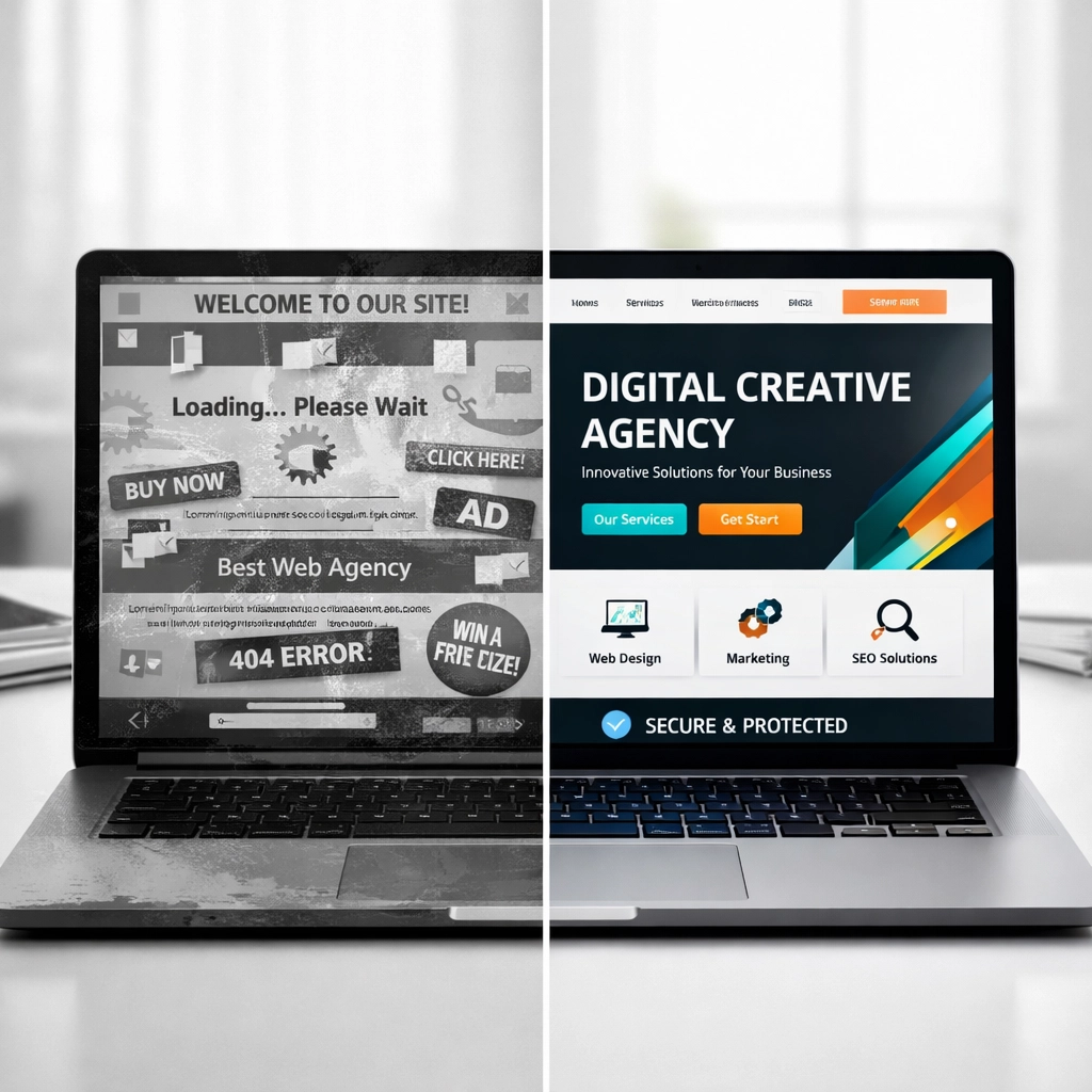 Porovnání starého pomalého webu se moderním rychlým webem s bezpečnostními prvky