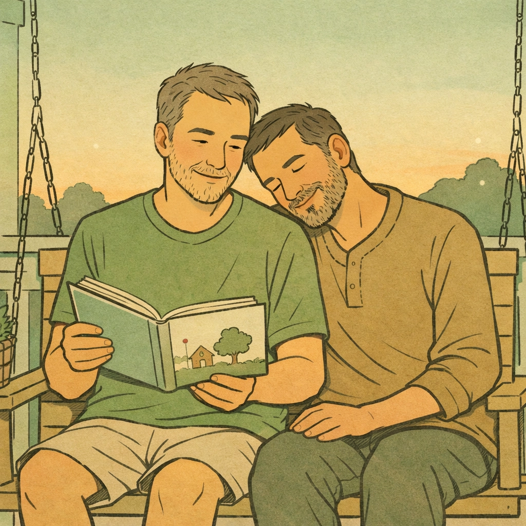 Two men reading storybook together on porch swing, building family legacy through storytelling