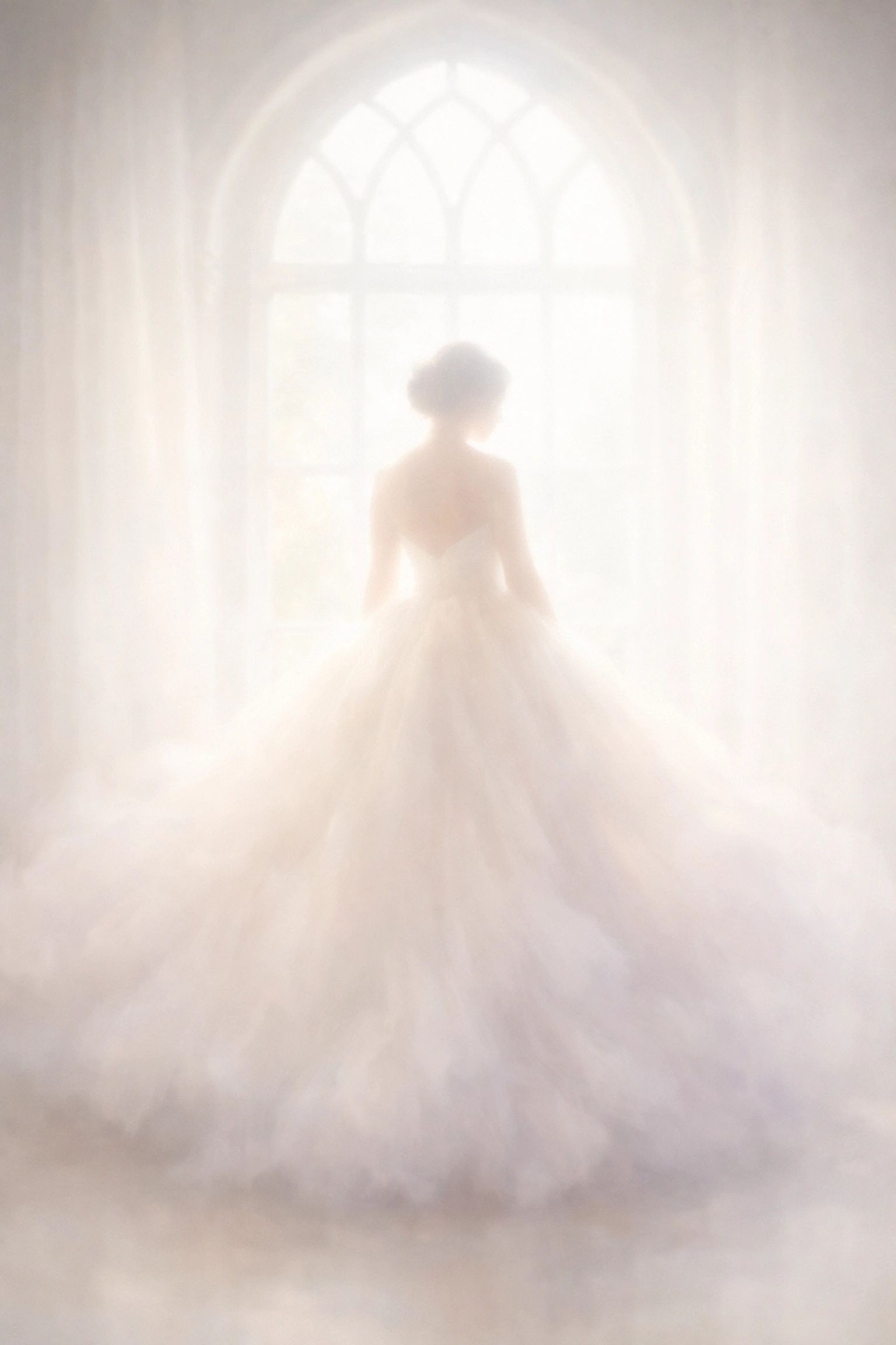 Ethereal silhouette of a modern bride in a voluminous Ariamo Couture wedding gown by a window.