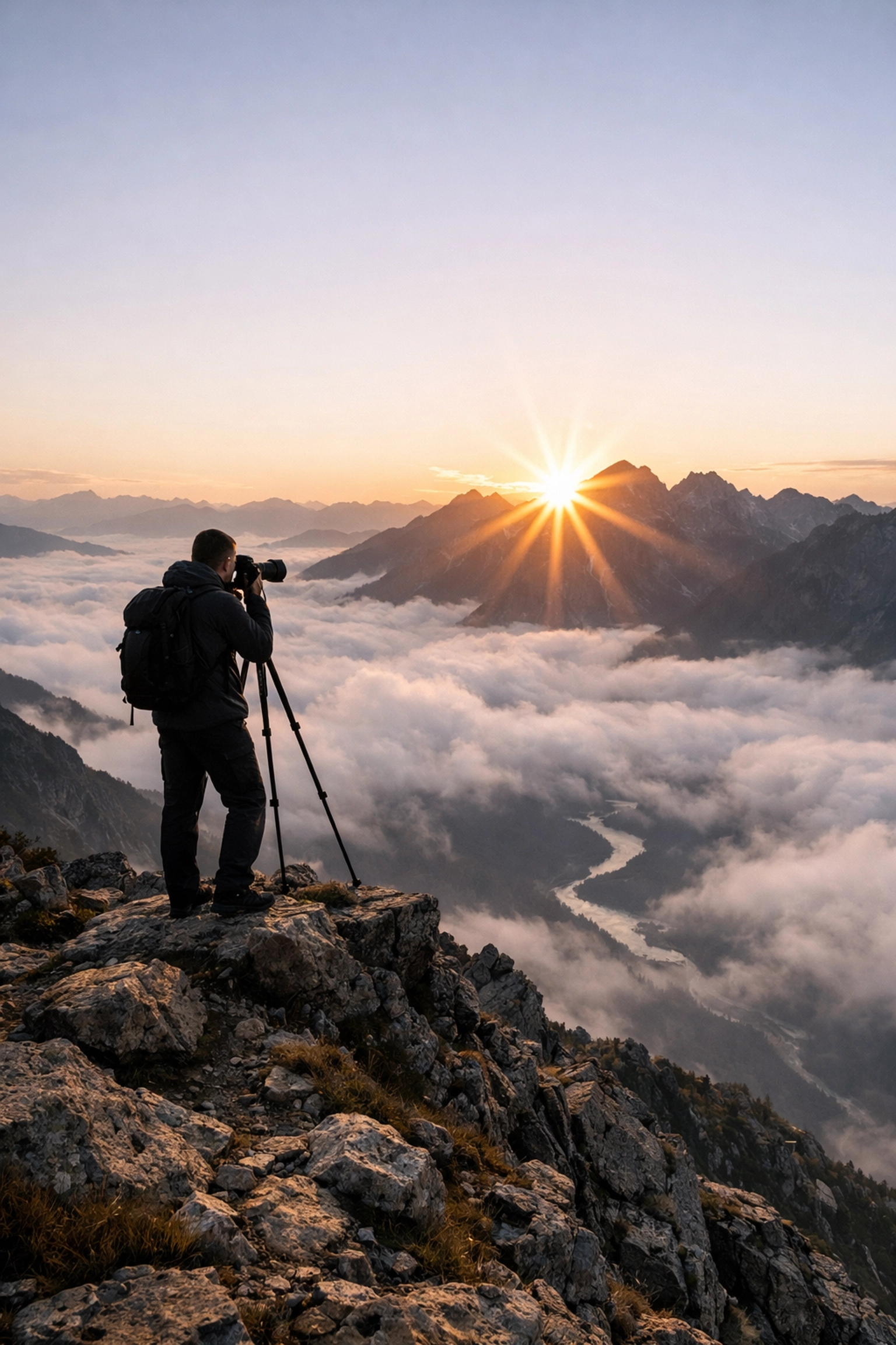 A photographer capturing an authentic sunrise on a mountain peak, following landscape photography news trends.